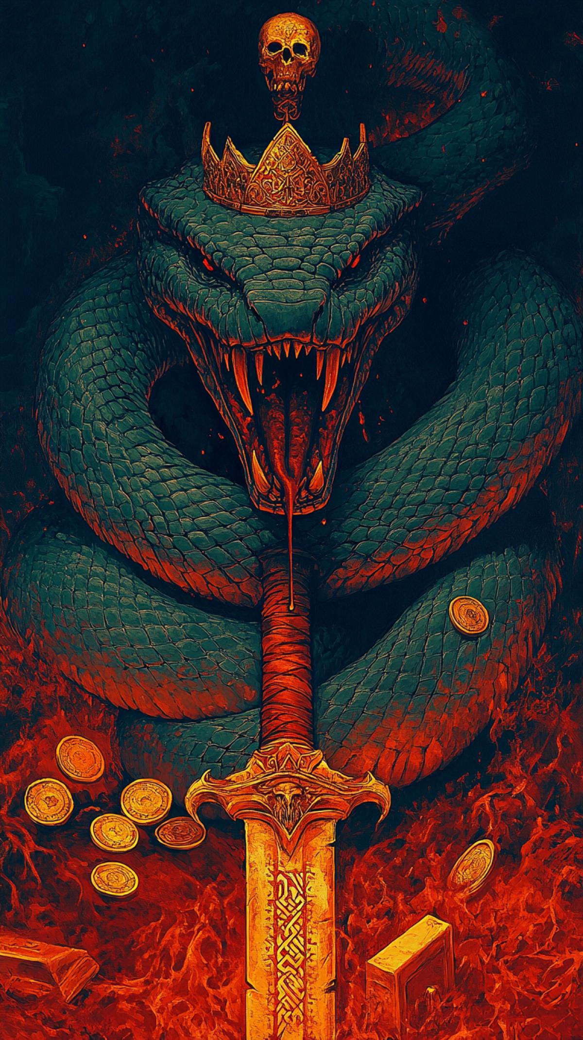 A detailed dark fantasy oil painting of a ferocious dark serpent, wearing a golden crown and a fiery orange belly, wrapped around a glowing molten skull. The serpent luxurys its fangs and glares as it wraps around a sword with glittering runes. Scattered around are gold coins and gold bars. The background is dark and rich, with splashes of embers and ash. Dramatic lighting and high-contrast gothic fantasy illustration create a powerful and impressive image.