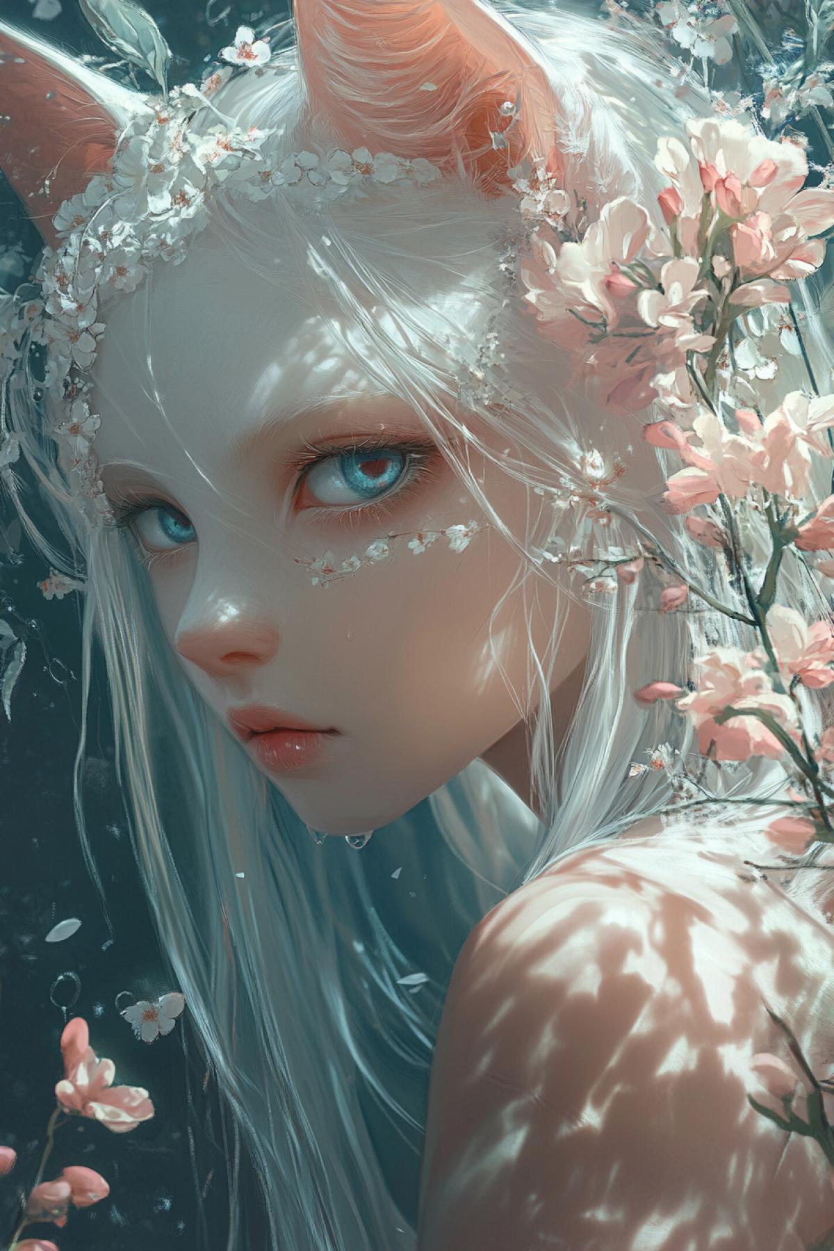 Reflect in the image the unique beauty and fragility of animal albinos in anime style