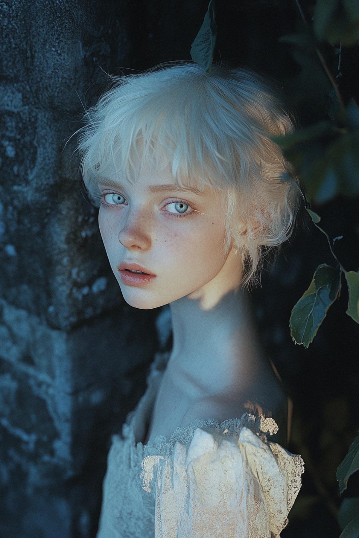 Reflect in the image the unique beauty and fragility of albinos of people in the light of a night sky or an anime style