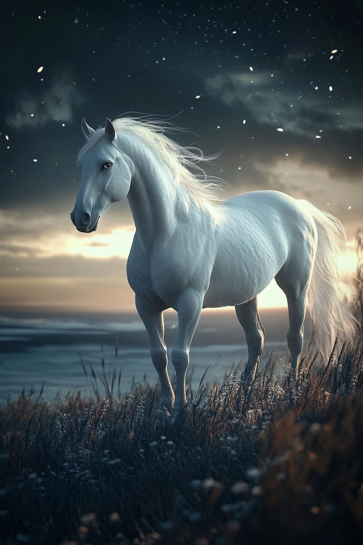 Reflect in the image the unique beauty and fragility of albinos horses in the light of a night sky or an anime style