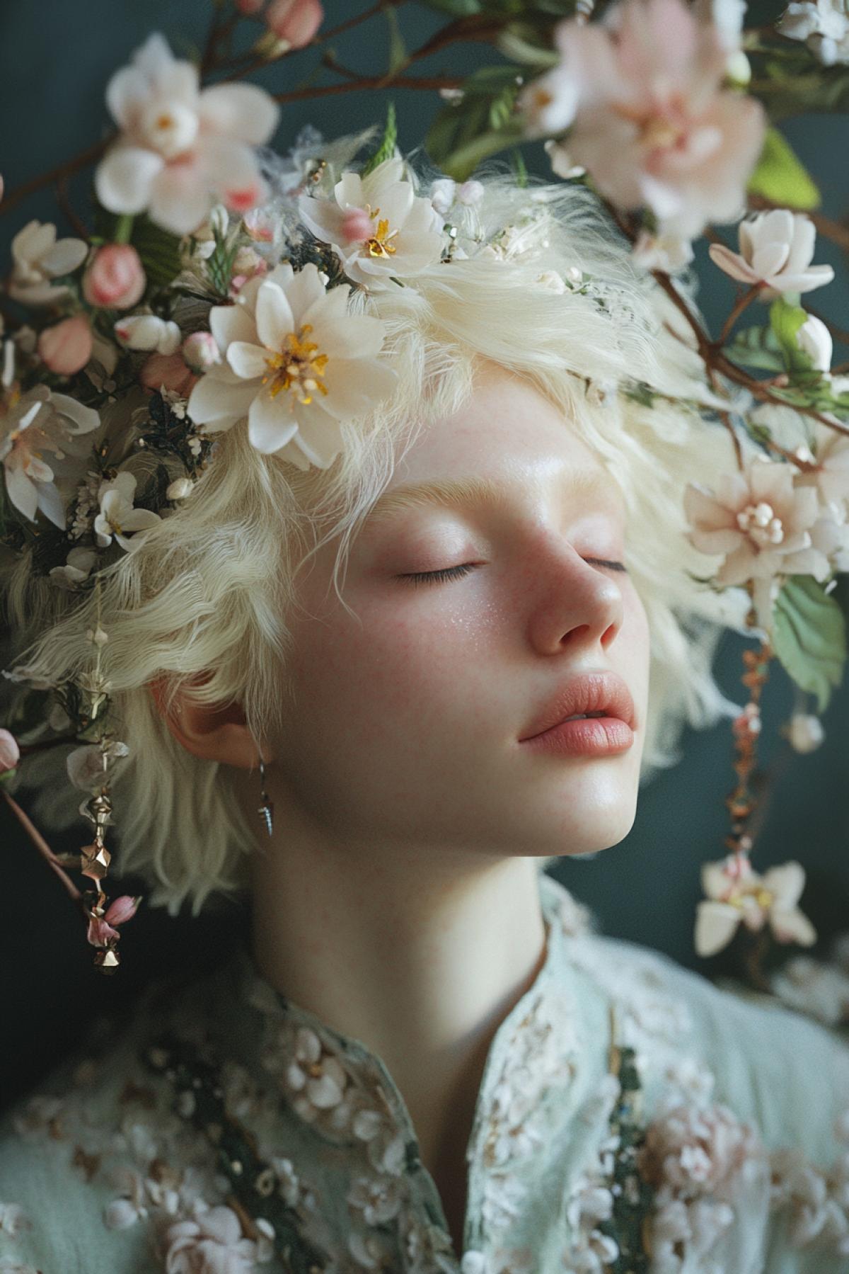 Reflect in the image the unique beauty and fragility of albinos in full growth in the light of the starry sky or Zarev in the style of the Middle Ages