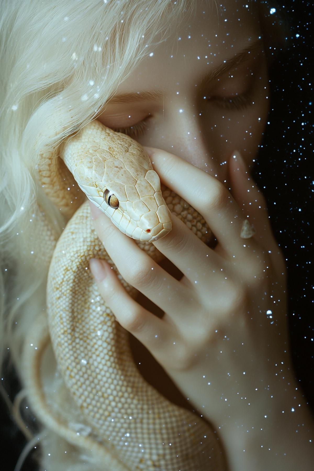 Reflect in the image the unique beauty and fragility of the albinos of snakes in full height in the light of the starry sky or zarev