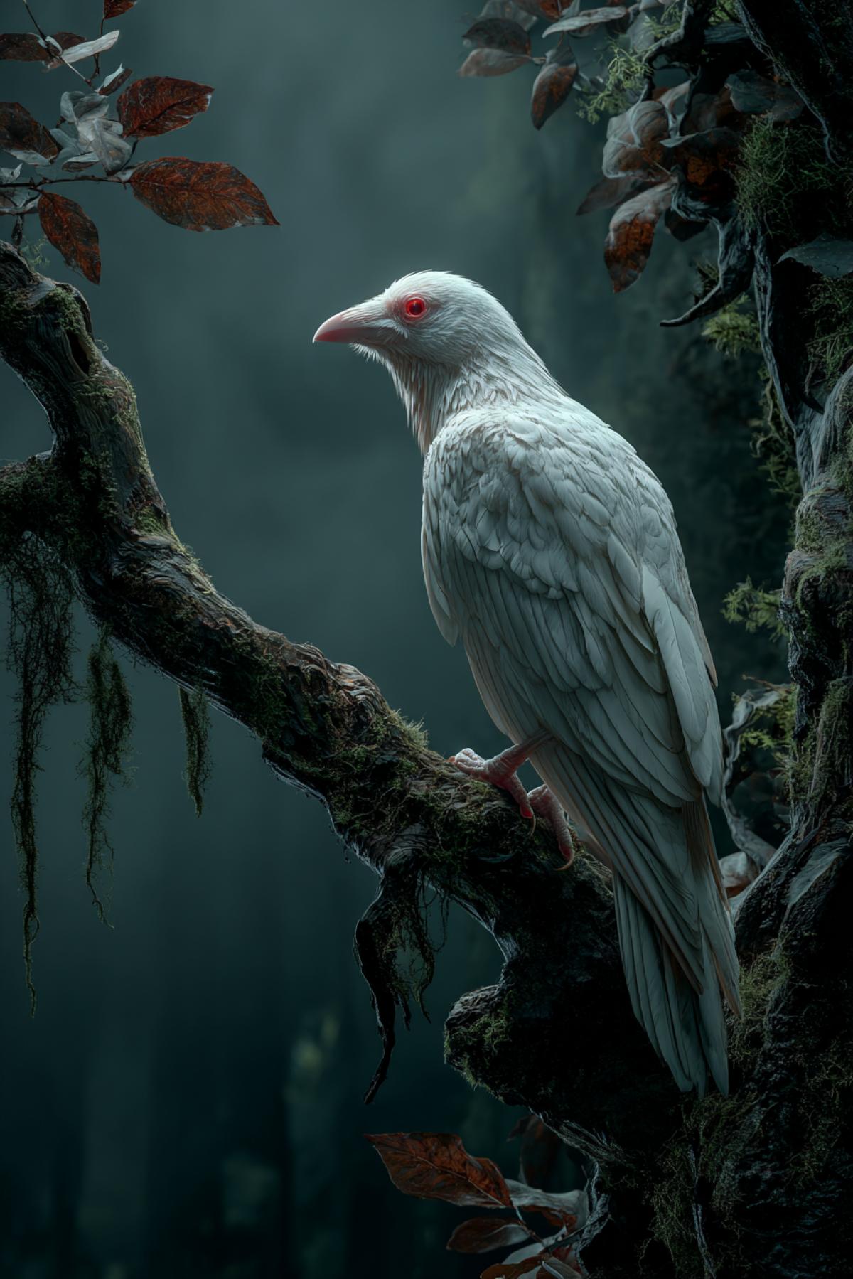 A ghostly albino raven with red liquid-red eyes perches on a gnarled oak branch, its feathers glowing faintly in the moonlight. The tree’s hollow reveals a human silhouette mid-transformation pale skin merging with plumage. 16K dark fantasy, style of ‘The Witcher’ bestiary, hyper-detailed feathers and eerie mist