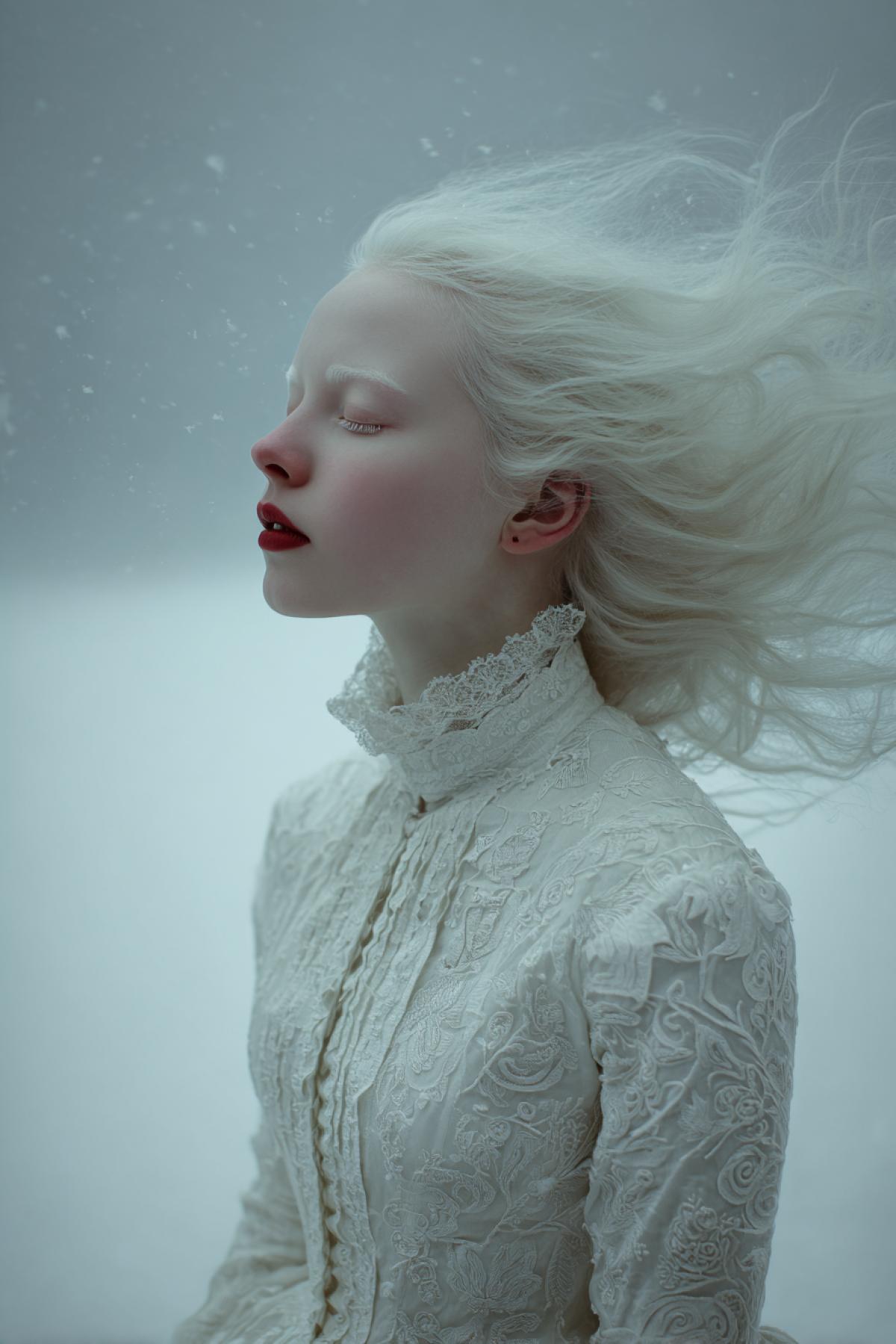 An albino woman floating in a storm, her hair and wedding dress merging with swirling snow. Crimson threads (the only color) stitch her lips shut a metaphor for silence. 16K surrealism, style of Tim Walker meets Zdzisław Beksiński