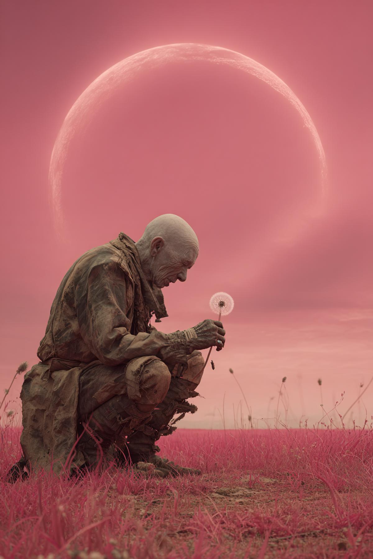 An elderly albino man in a radiation-scarred wasteland tends to the last white dandelion. His skin reflects the toxic pink sky, while his shadow forms a perfect circle как солнечное затмение. 12K cinematic, ‘Mad Max’ meets Studio Ghibli, surreal color grading