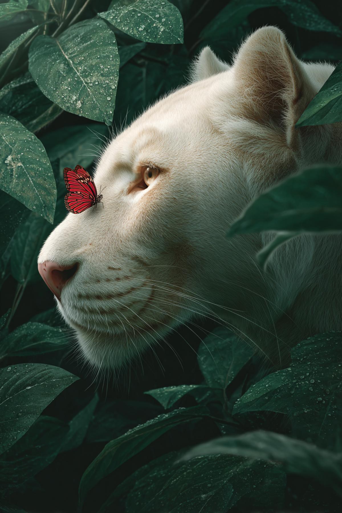 An albino panther slinks through emerald-green Amazonian foliage, its fur glowing like moonlight against the vibrant leaves. A single scarlet butterfly rests on its nose the only drop of color in this monochrome predator. 16K wildlife photography, hyper-detailed fur and water droplets, style of National Geographic cover