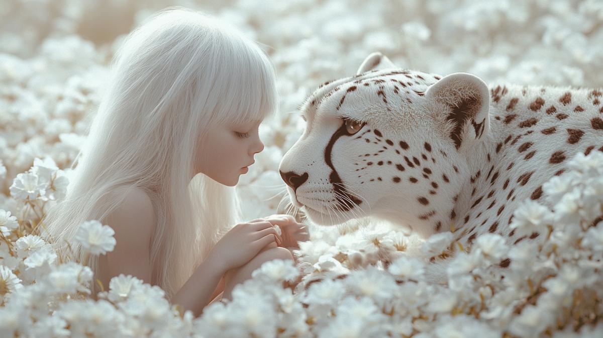 Albino girl and white cheetah Albino look into each others eyes, they sit on a large flower carpet of white flowers