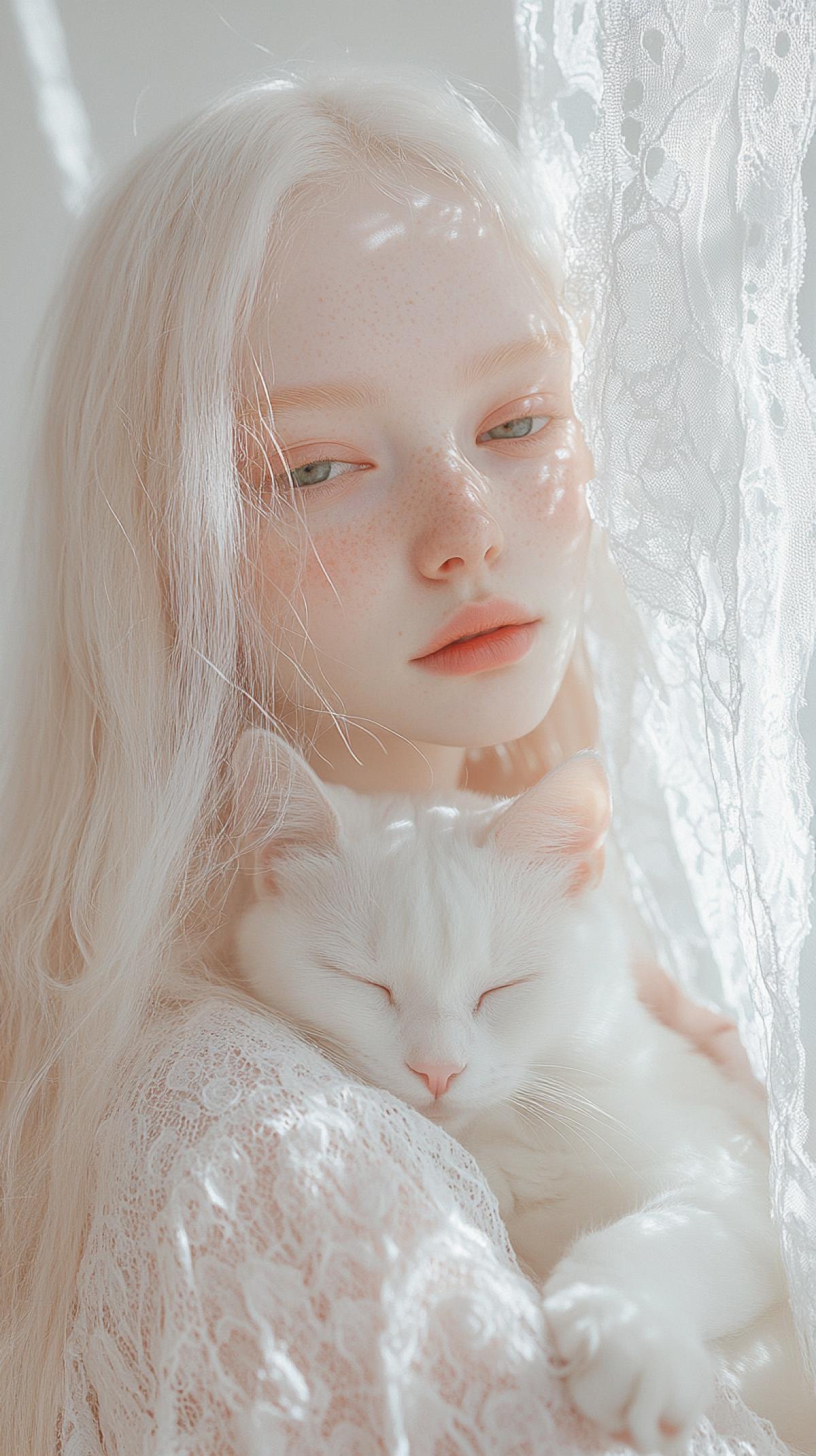 Profile photo of young albino woman with green eyes, delicate freckles; delicate white flower in long flowing blond hair, white cat dozing in her arms, gentle smile, light lace curtains, soft pastel colors with bokeh, light pink, airy lighting, dreamy expression, airy atmosphere, glowing skin, minimalist background, peaceful and calm mood, light blush, gentle dreaminess, boho style.