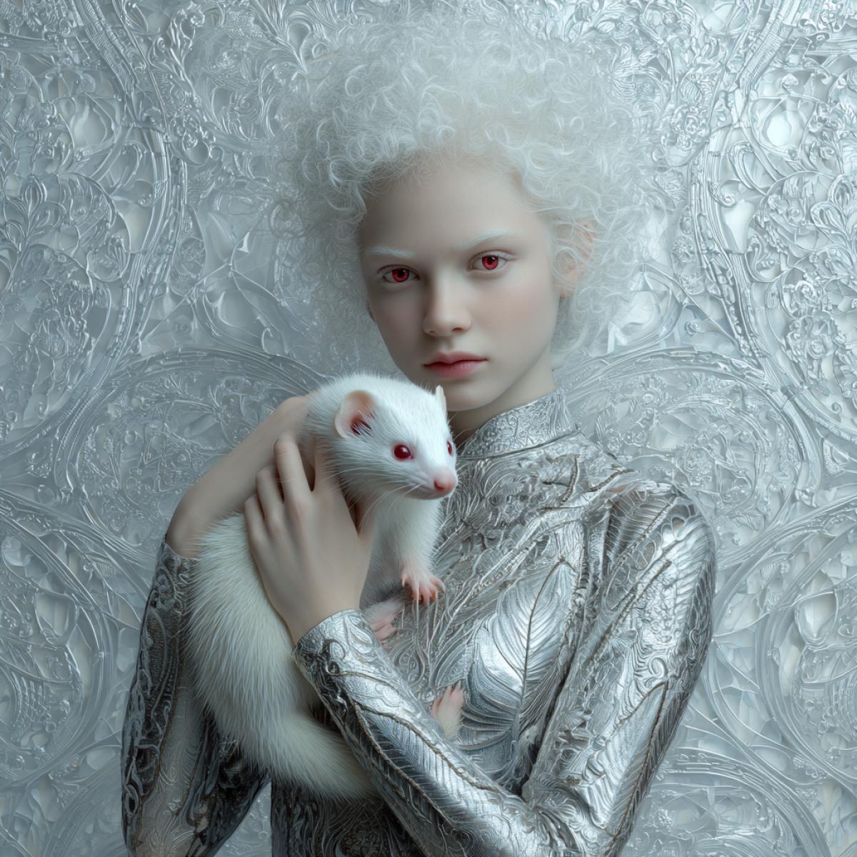 Albino woman, white hair and skin, red pupils, dressed in a silver leather dress with a luminous pattern, albino mongoose white fur, red eyes, background icy lace