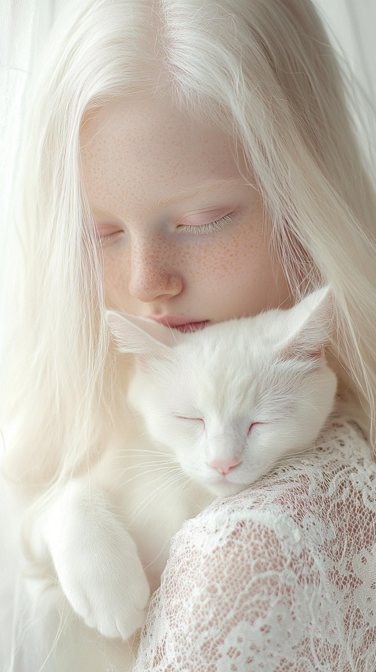 Profile photo of young albino woman with green eyes, delicate freckles; delicate white flower in long flowing blond hair, white cat dozing in her arms, gentle smile, light lace curtains, soft pastel colors with bokeh, light pink, airy lighting, dreamy expression, airy atmosphere, glowing skin, minimalist background, peaceful and calm mood, light blush, gentle dreaminess, boho style.