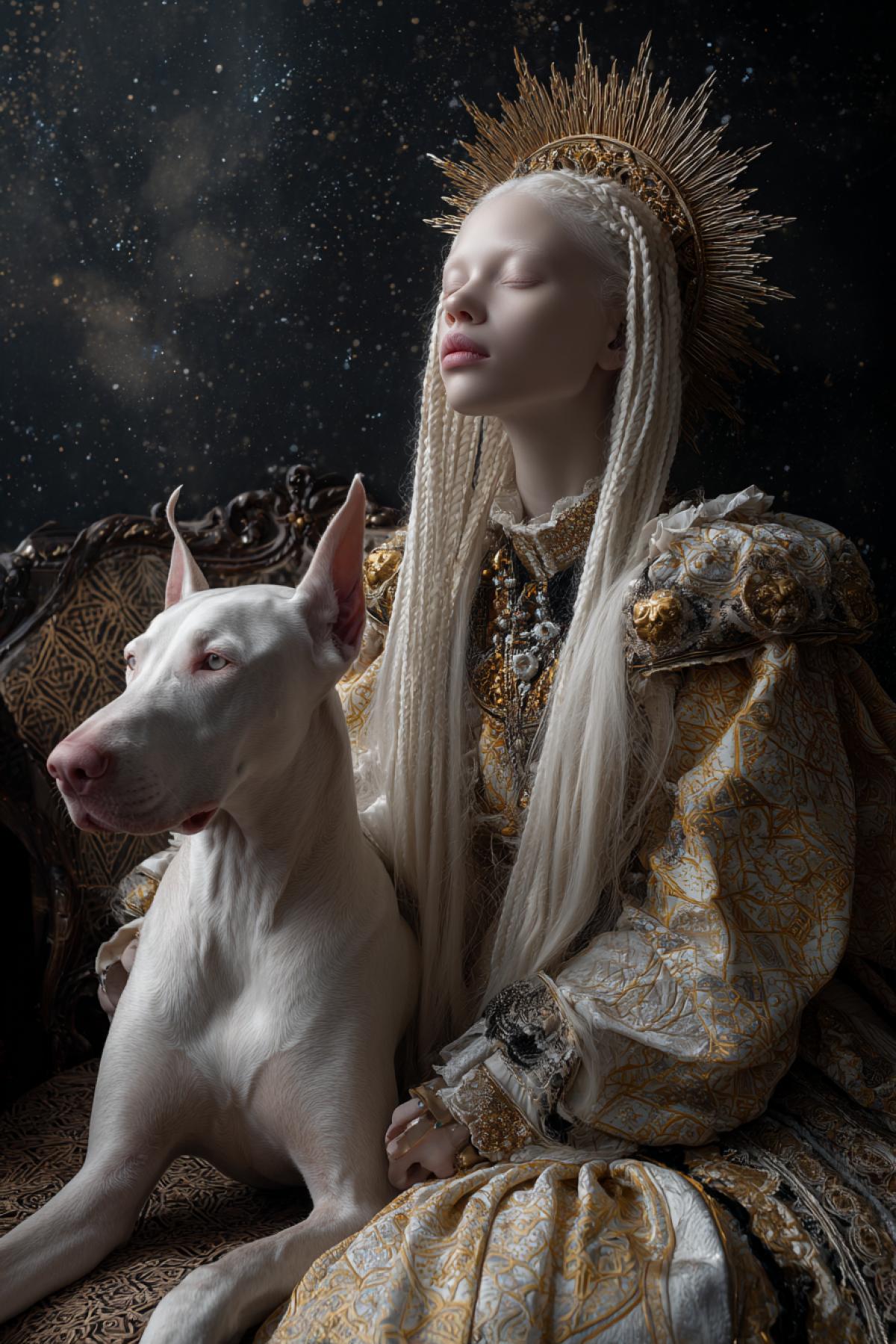 Reflect in the image the unique beauty and fragility of albinos of people and albinos of Dobermans in the light of the starry sky or Zarev in the style of the Middle Ages