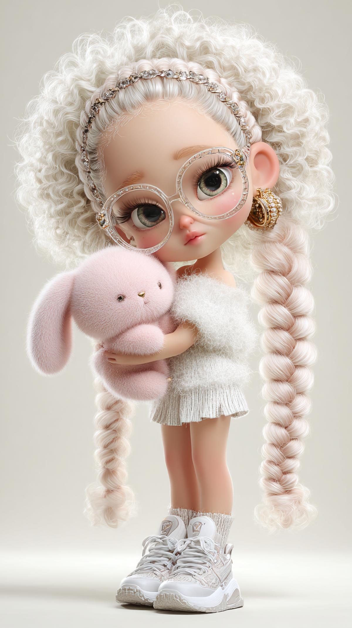 A full-length chibi african albino girl with big eyes, swarovski crystal glasses, gold earrings, white top and skirt, and lace-up sneakers, hugging and holding a pink fluffy bunny on a white background. She has long white eyelashes and fluffy eyelids. Her curly hair is braided into two braids in soft pink and light white shades. The image is hyper-realistic, with a full-length frame and cute cartoon babydoll designs. She is wearing white sneakers ar 9:16 stylize 200