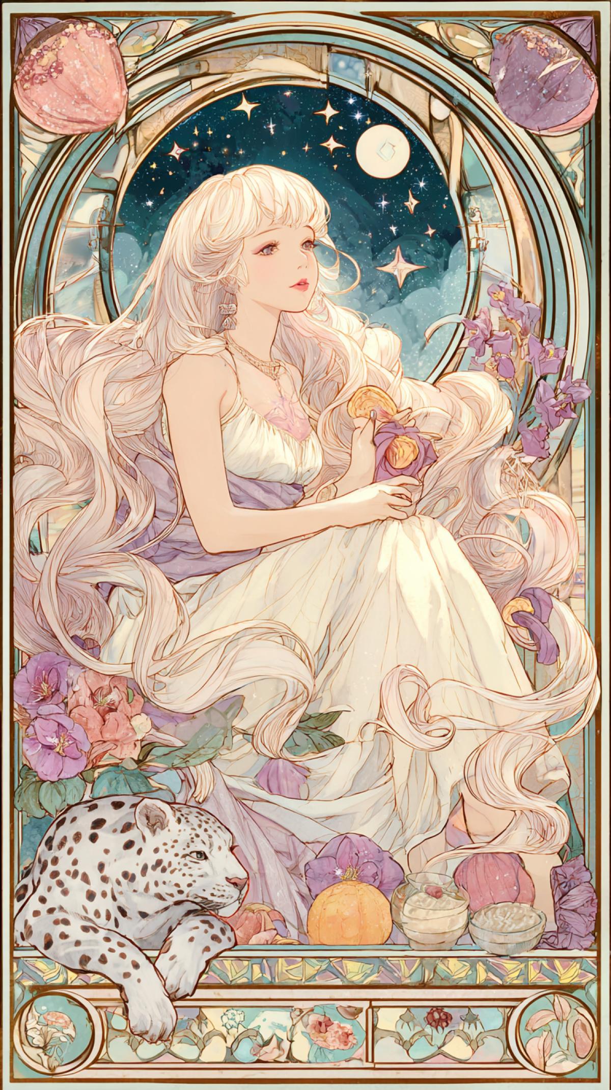 Art Nouveau anime style | Elegant albino girl!! Character surrounded by flowing strands of hair forming decorative patterns + white and dark speckled albino leopard| Soft pastel urban cafe setting with stylized floral motifs and curved lines | Framed portrait com4k with dynamic, swirling elements | Soft, glowing light with candy-colored highlights and glossy accents | Whimsical elegance; stylized wrappers; vintage and modern styles combined stilize 600