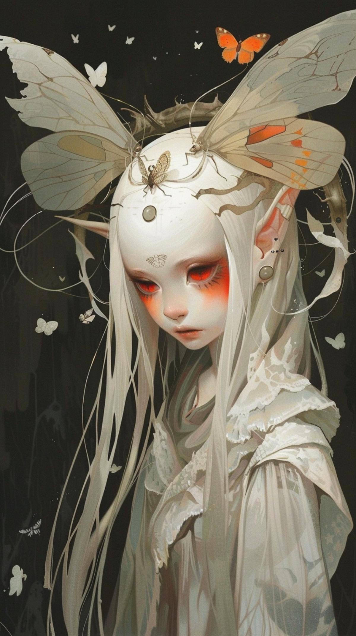 portrait of a fantasy character, an elegant and sophisticated elf-fairy. This creature has a pale, almost white face with red eyes and vertically dilated pupils, which gives it a mysterious and piercing look. On the forehead of the character there is a small moth, a crescent-shaped decoration.. The character has long, white, curly hair that smoothly flows into clothes or a cloak, also white. On the head of the creature are dragonfly wings, decorated with butterfly wings or similar elements. The wings are painted in warm tones, including shades of orange, gray and brown, which creates a contrast with the overall paleness of the image, a dark or mystical background, and several small butterflies that add some liveliness and tenderness to the com4k.