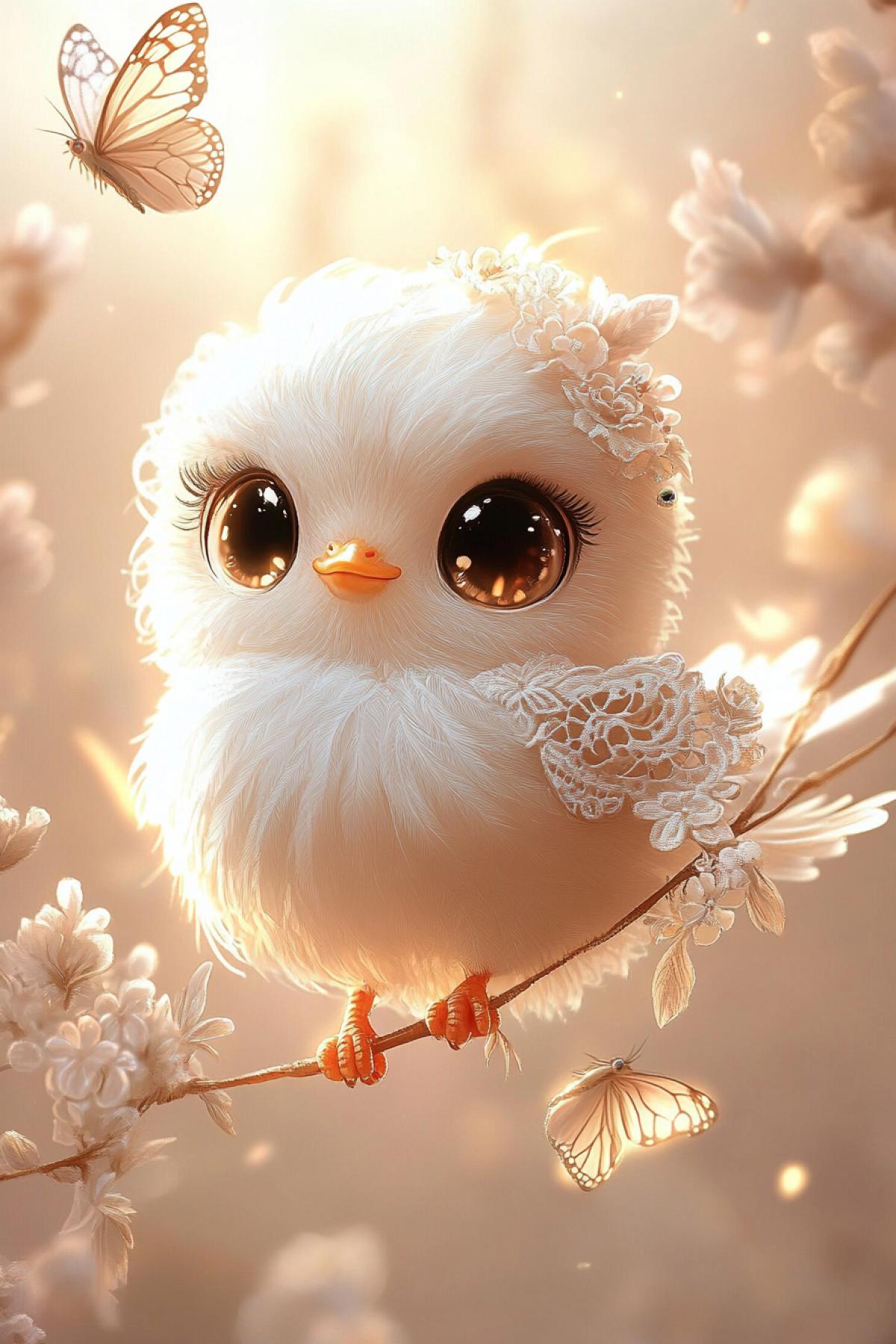 Cartoon illustration | Elegant cute chicken with expressive eyes, lace patterns, and floral embellishments | Dreamy landscape with misty branches and pastel-toned sky | Depth view | Soft golden light, ethereal glow | Butterfly accents; couture fashion; magical atmosphere ar 2:3 stylize 75 chaos 5