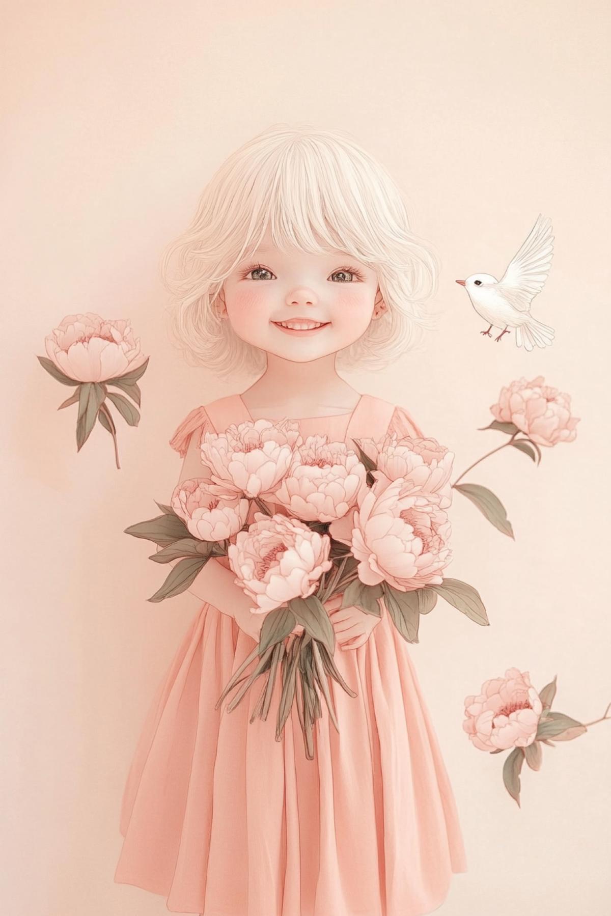 Cute minimalistic image of a three year old girl with white curls, wearing a pink dress, smiling at the camera on a soft background, full length, a small white bird fluttering nearby, surrounded by pink peonies, holding a bouquet of lush peonies in her hands