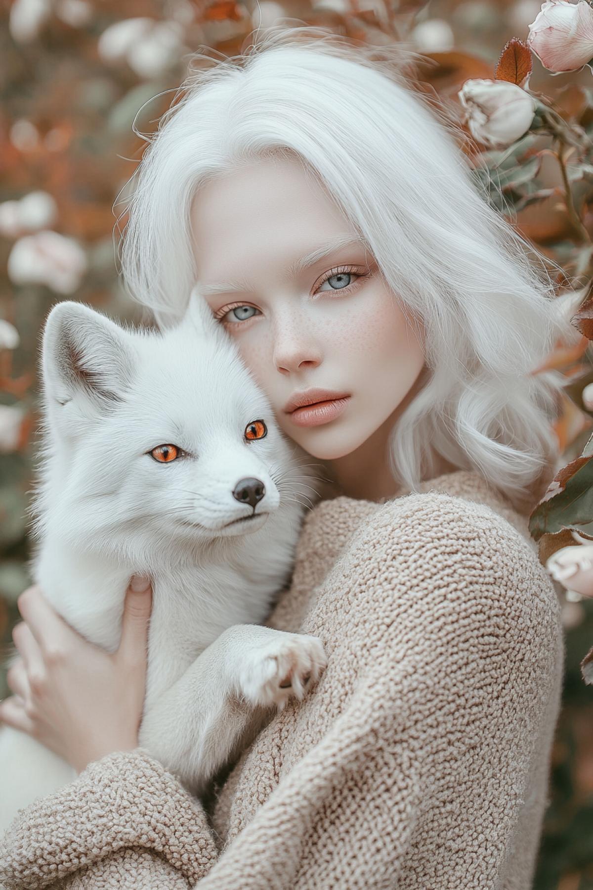 Full-length photo, high resolution, emotionally charged, artistic cinematic with saturated colors Dazzlingly beautiful 20-year-old albino fashionista with a neat wavy silver-white bob haircut reaching the chin line, flawless complexion, white eyebrows and eyelashes, cute expressive gray eyes, in a light beige sweater, holds in her arms a charming fluffy white albino fox, with characteristic reddish eyes and a pink nose. Mood Sweet love desire, Deborah Turbeville style, Atmosphere of joy and tenderness, against the background of an autumn rose bush with withered leaves