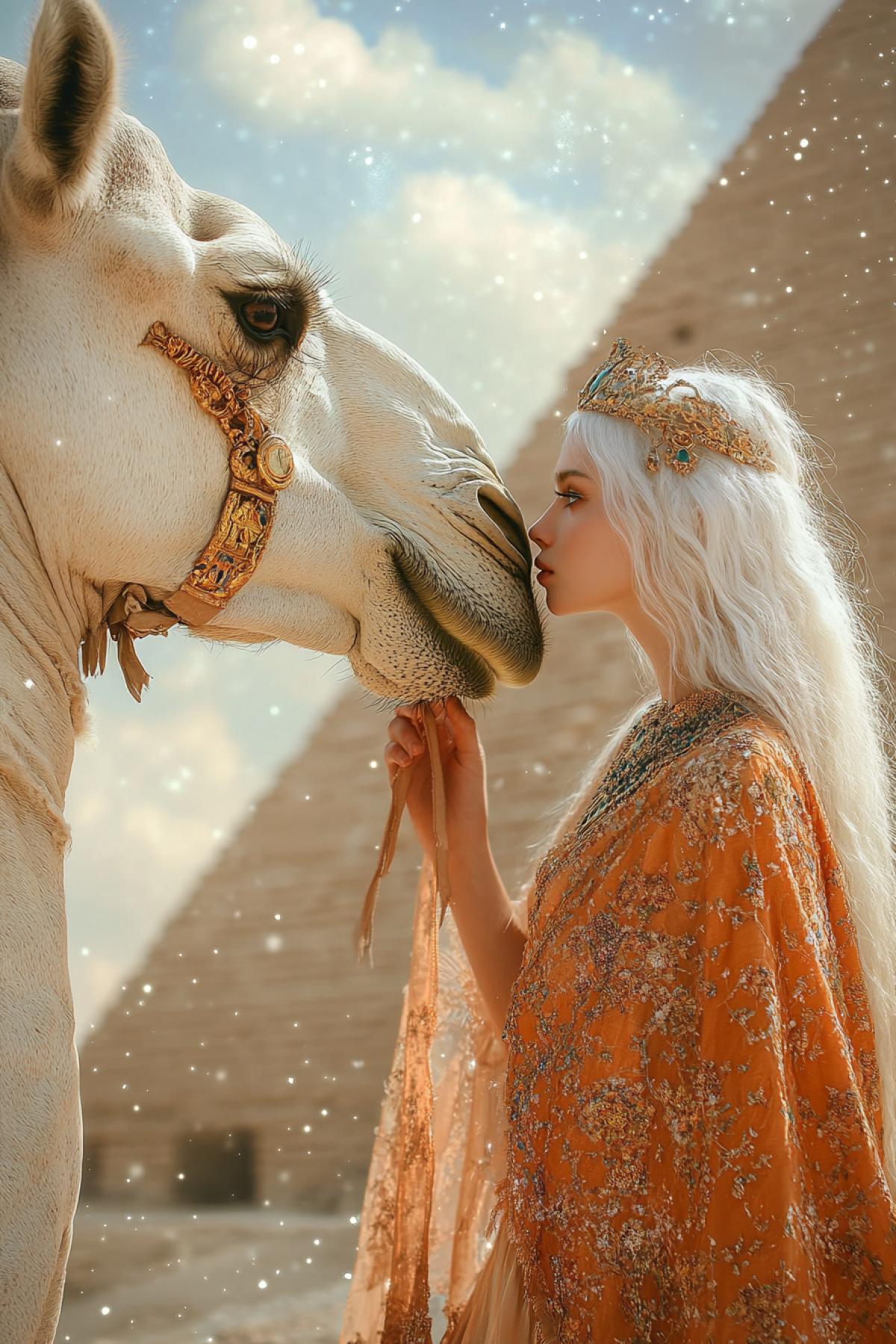 3D image, transparent ancient Egypt, mirage, clouds, golden Egyptian symbols, albino girl with white hair and white eyelashes in a fluttering light orange silk dress and a sparkling cape next to a big white albino camel, flower petals, nano dust, space, constellations, background, morning modern city, pyramid, blue with green, macro photography, high detail, ultra WQHD+ 8K, UltraHD, professional photography, high resolution, ISO 200, f / 16