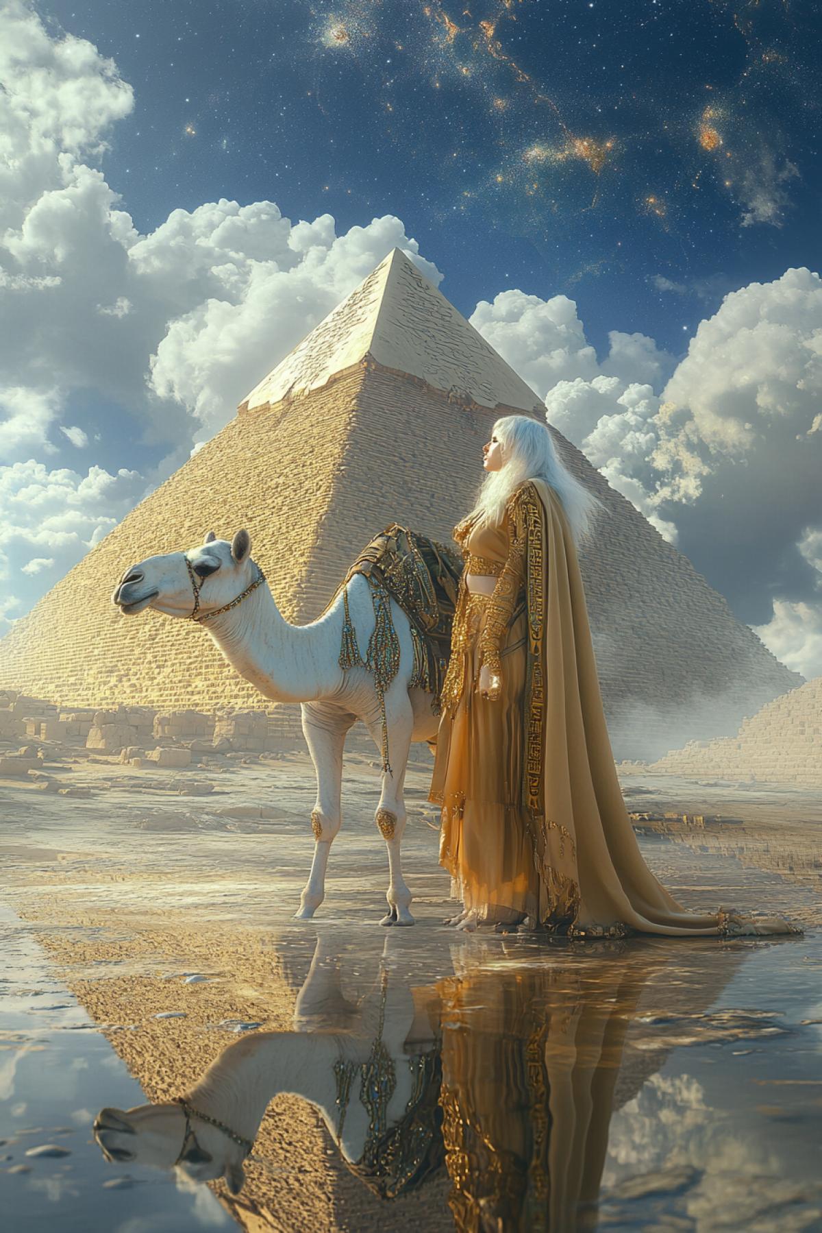3D image, transparent ancient Egypt, mirage, clouds, golden Egyptian symbols, albino girl with white hair and white eyelashes in a fluttering light orange silk dress and a sparkling cape next to a big white albino camel, flower petals, nano dust, space, constellations, background, morning modern city, pyramid, blue with green, macro photography, high detail, ultra WQHD+ 8K, UltraHD, professional photography, high resolution, ISO 200, f / 16