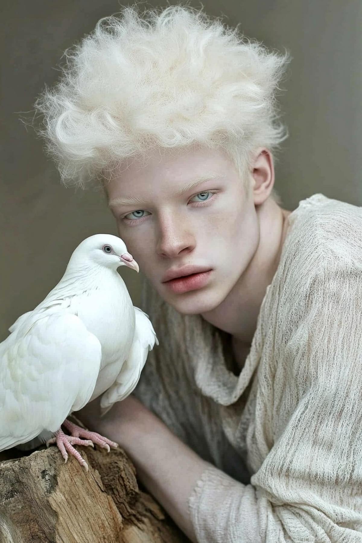 On a reclining piece of wood sits a pale young albino man with delicate freckles and white curly hair, blue transparent eyes, dressed in white clothes, on whose leg sits a large white dove.