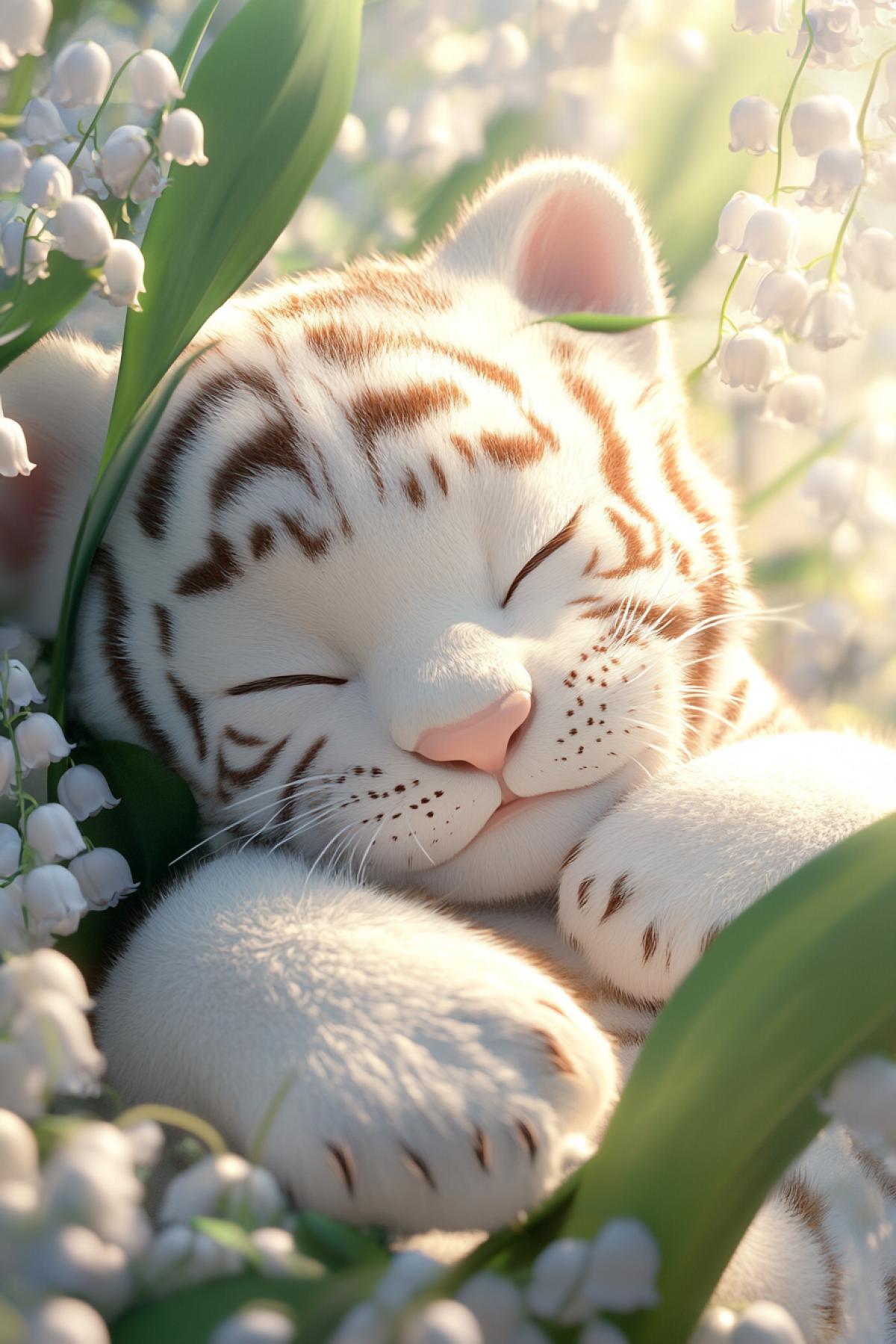 macro, glamour, luxury, photorealism. Cute unusual 3D character | Adorable little white tiger cub fluffy and sleepy, cartoon white adorable tiger cub smiling in his sleep under a big lily of the valley flower. Close-up | bokeh. Cartoon rendering; serene expression