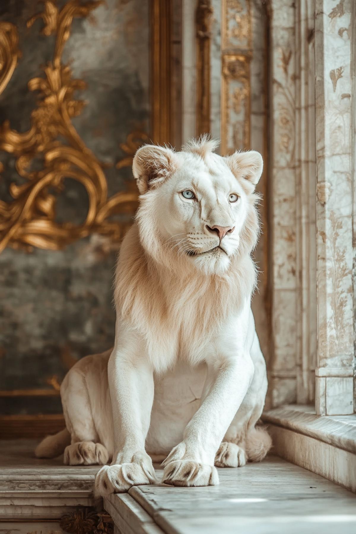 to reflect in the image the unique beauty and fragility of albino people and an albino young lion against the backdrop of space or in a luxurious gothic castle