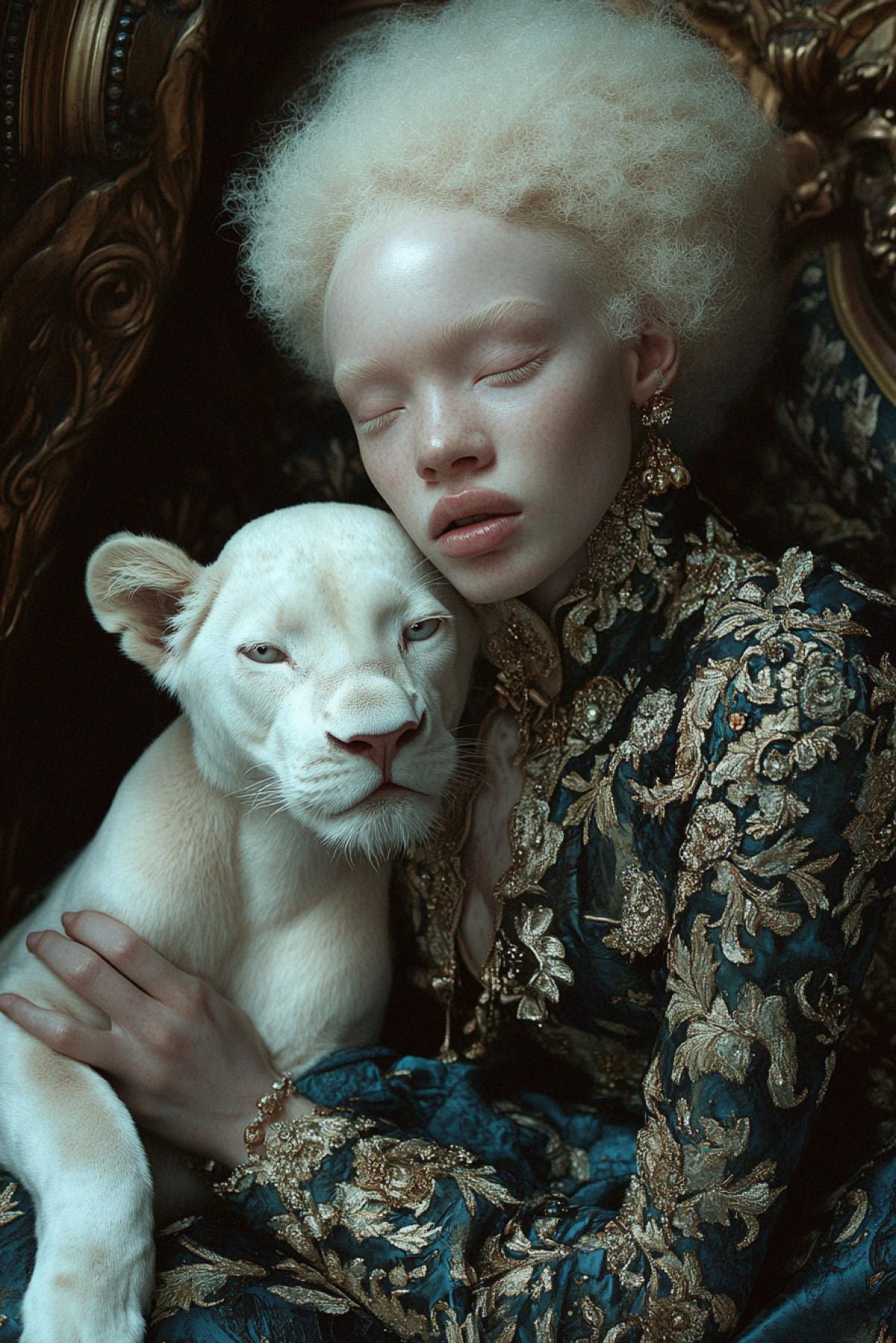 to reflect in the image the unique beauty and fragility of albino people and an albino young lion against the backdrop of space or in a luxurious gothic castle