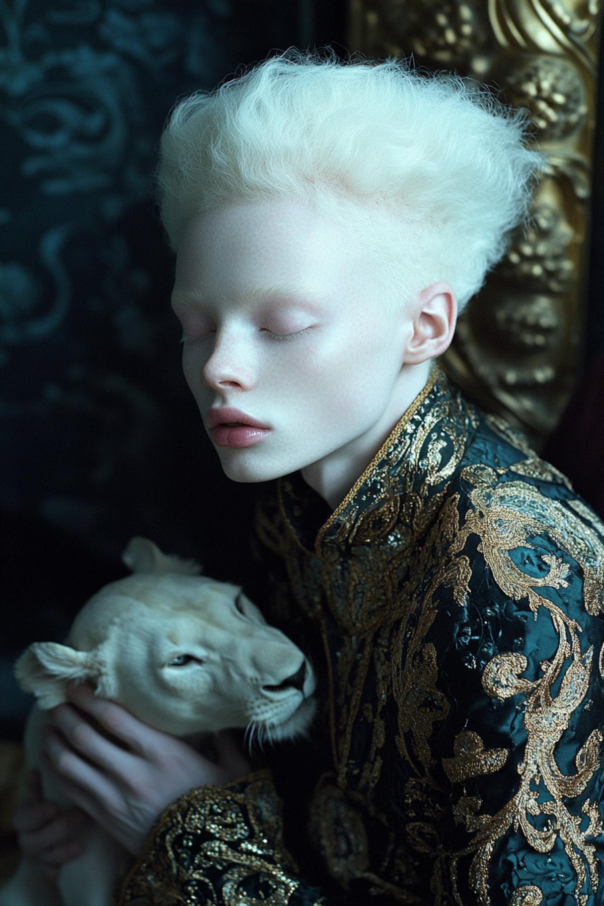 to reflect in the image the unique beauty and fragility of albino people and an albino young lion against the backdrop of space or in a luxurious gothic castle