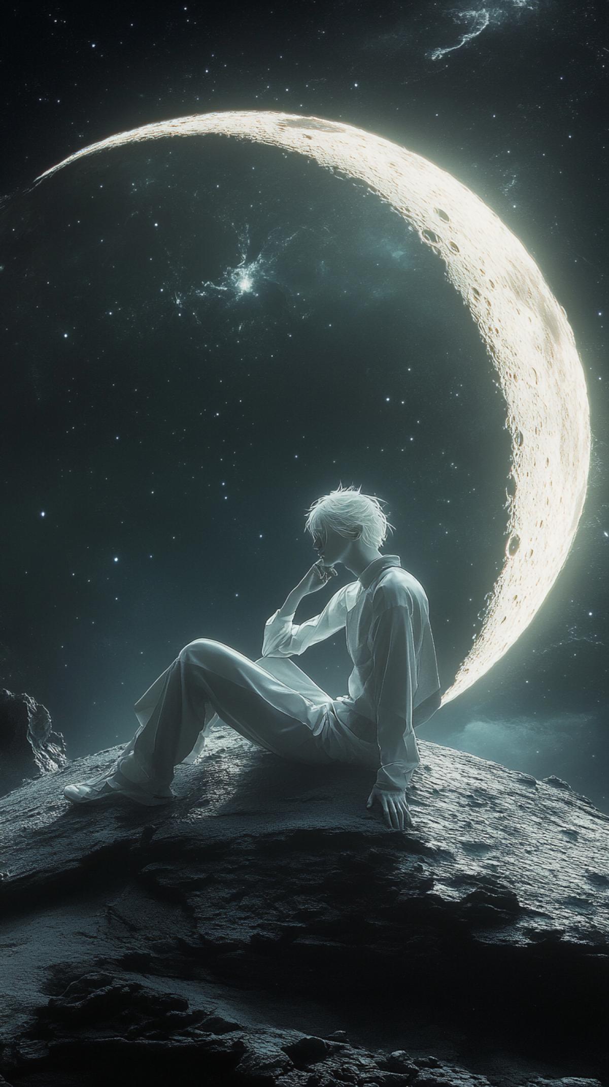 Albino sits on the moon and sits thoughtfully