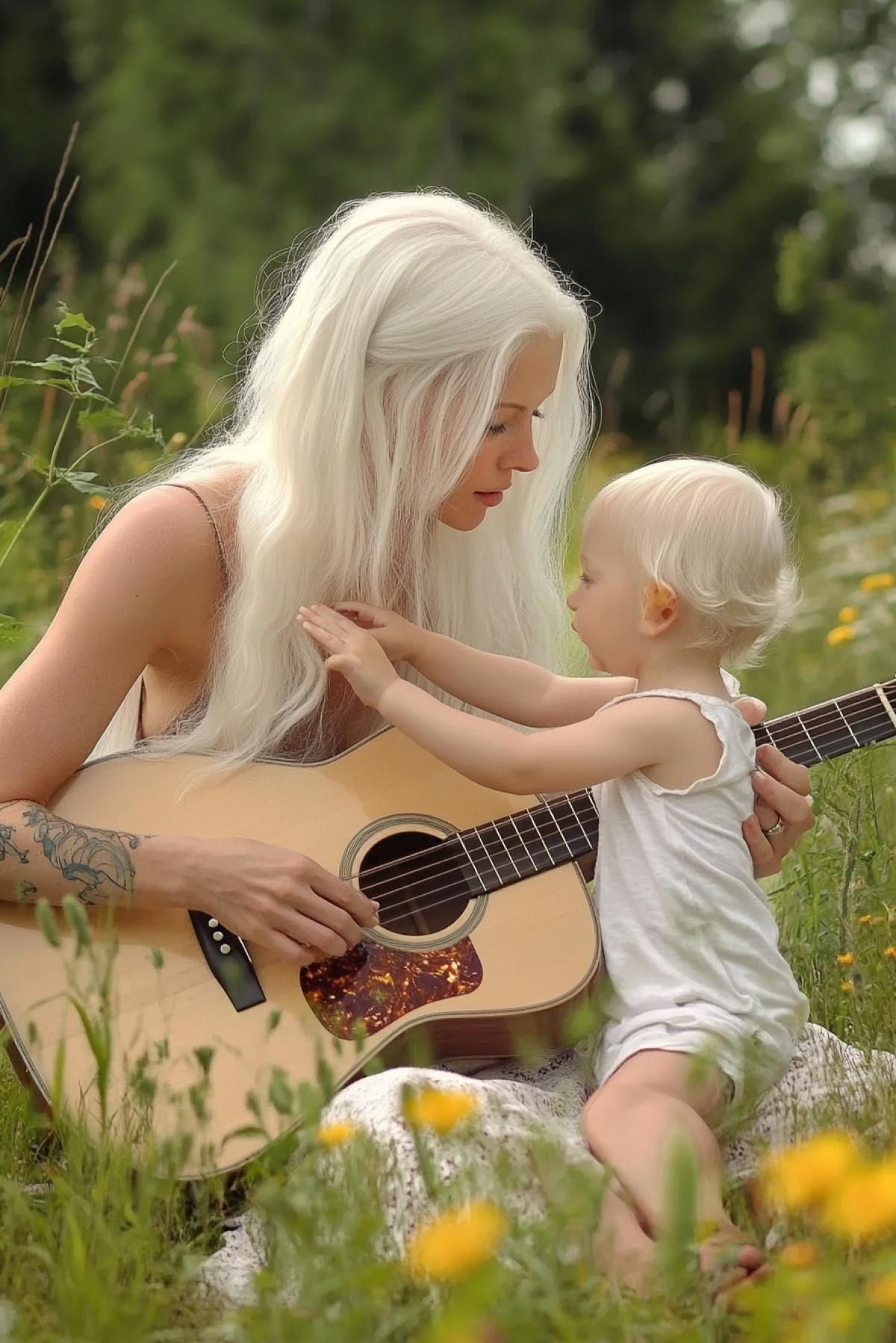A woman with long white hair, soft freckles, white eyelashes and pale skin sits on the ground playing a guitar while a small child with white hair, fluffy long white eyelashes and light eyebrows reaches out to her. They are surrounded by a lush green field of wildflowers. The scene is serene and tender, capturing a moment of connection between them. The womans gentle expression and the childs inquisitive gaze create a sense of warmth and family. This photograph beautifully captures a simple, joyful moment shared between parent and child.