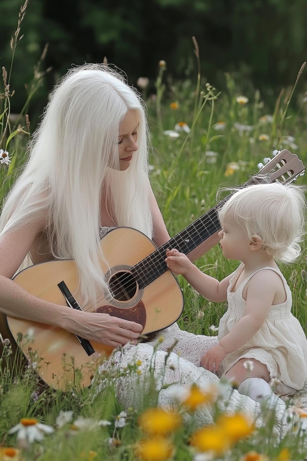 A woman with long white hair, soft freckles, white eyelashes and pale skin sits on the ground playing a guitar while a small child with white hair, fluffy long white eyelashes and light eyebrows reaches out to her. They are surrounded by a lush green field of wildflowers. The scene is serene and tender, capturing a moment of connection between them. The womans gentle expression and the childs inquisitive gaze create a sense of warmth and family. This photograph beautifully captures a simple, joyful moment shared between parent and child.