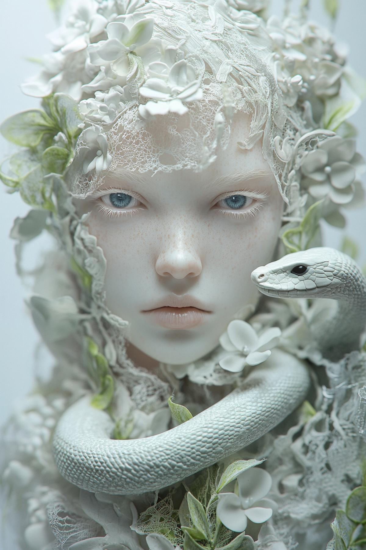 3d, Circular structures, lavender ink flowers, lime green threads, young albino woman, white fluffy eyelashes, blue eyes, in porcelain tones, a white snake wraps around her neck. girls made of vines and lace, botanical silhouette, light collage in the style of Slavic epic