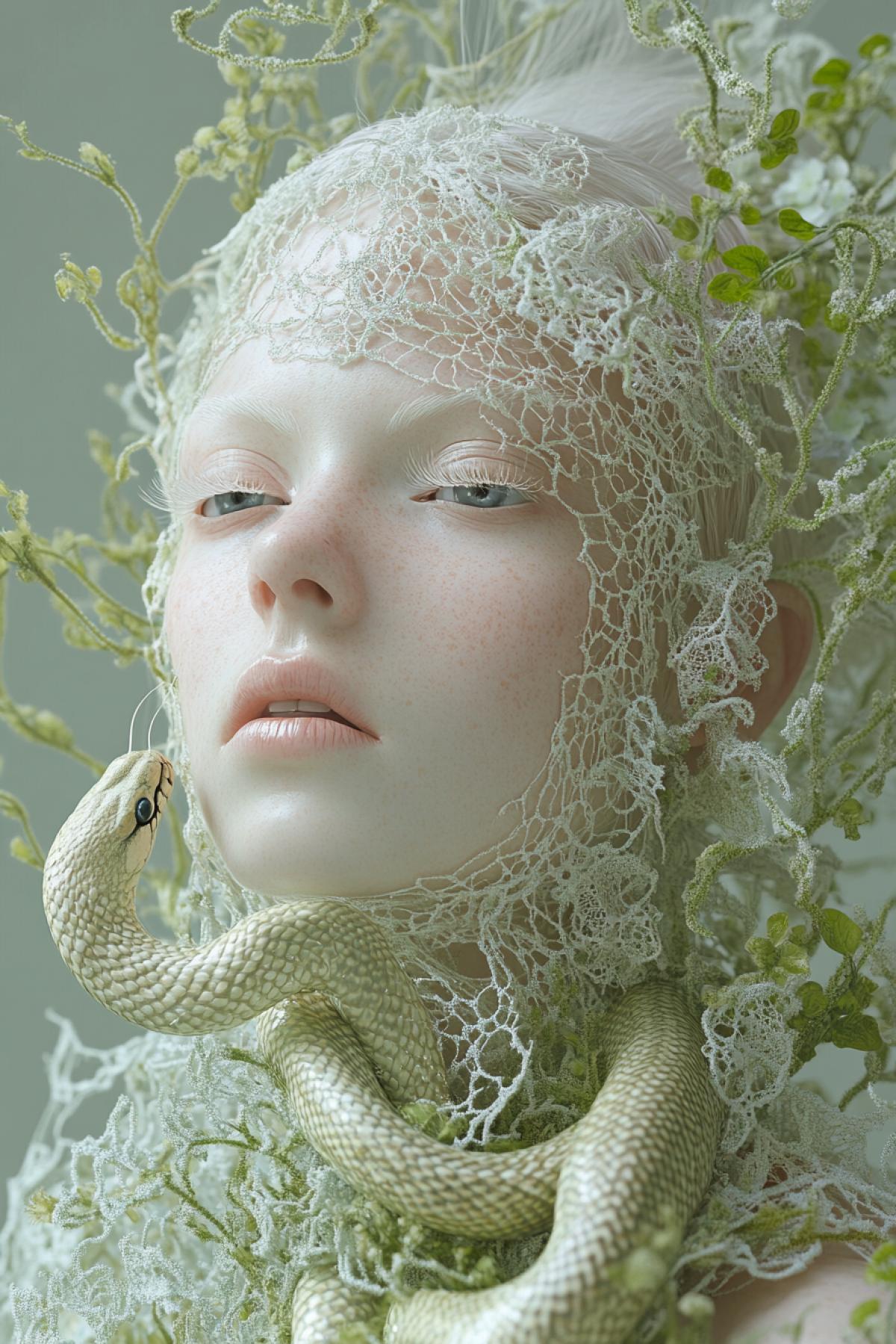 3d, Circular structures, lavender ink flowers, lime green threads, young albino woman, white fluffy eyelashes, blue eyes, in porcelain tones, a white snake wraps around her neck. girls made of vines and lace, botanical silhouette, light collage in the style of Slavic epic