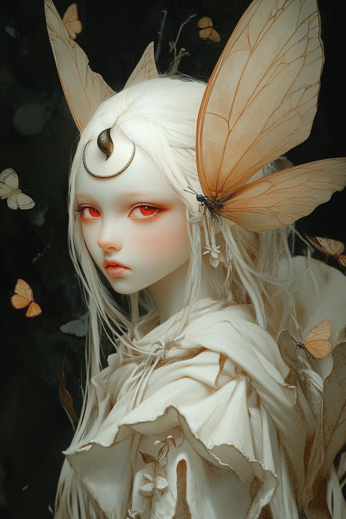 a fantastic, elegant and sophisticated elf fairy. This creature has a pale, almost white face with red eyes and vertically dilated pupils, which gives it a mysterious and piercing look. On the forehead of the character is a small moth, a crescent-shaped decoration. The character has long, white, curly hair, a white cloak, under the cloak is a robe of pale leaves. On the head of the creature are dragonfly wings, decorated with butterfly wings or similar elements. The wings are painted in warm tones, including shades of orange, gray and brown, which creates a contrast with the overall paleness of the image, a dark mystical background, and several small butterflies that add liveliness and tenderness to the com4k.