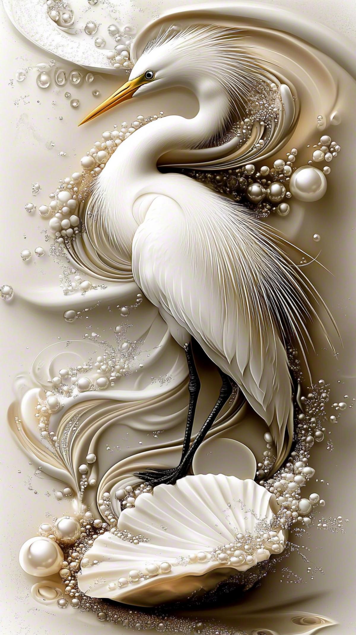 Style Lee Bogle + Alexey Kurbatov. Abstraction. Sfumato. Electrodynamic aesthetics. Electromagnetic waves. White background. Opal. Shells with pearls White Heron. !! Aerosol effect.