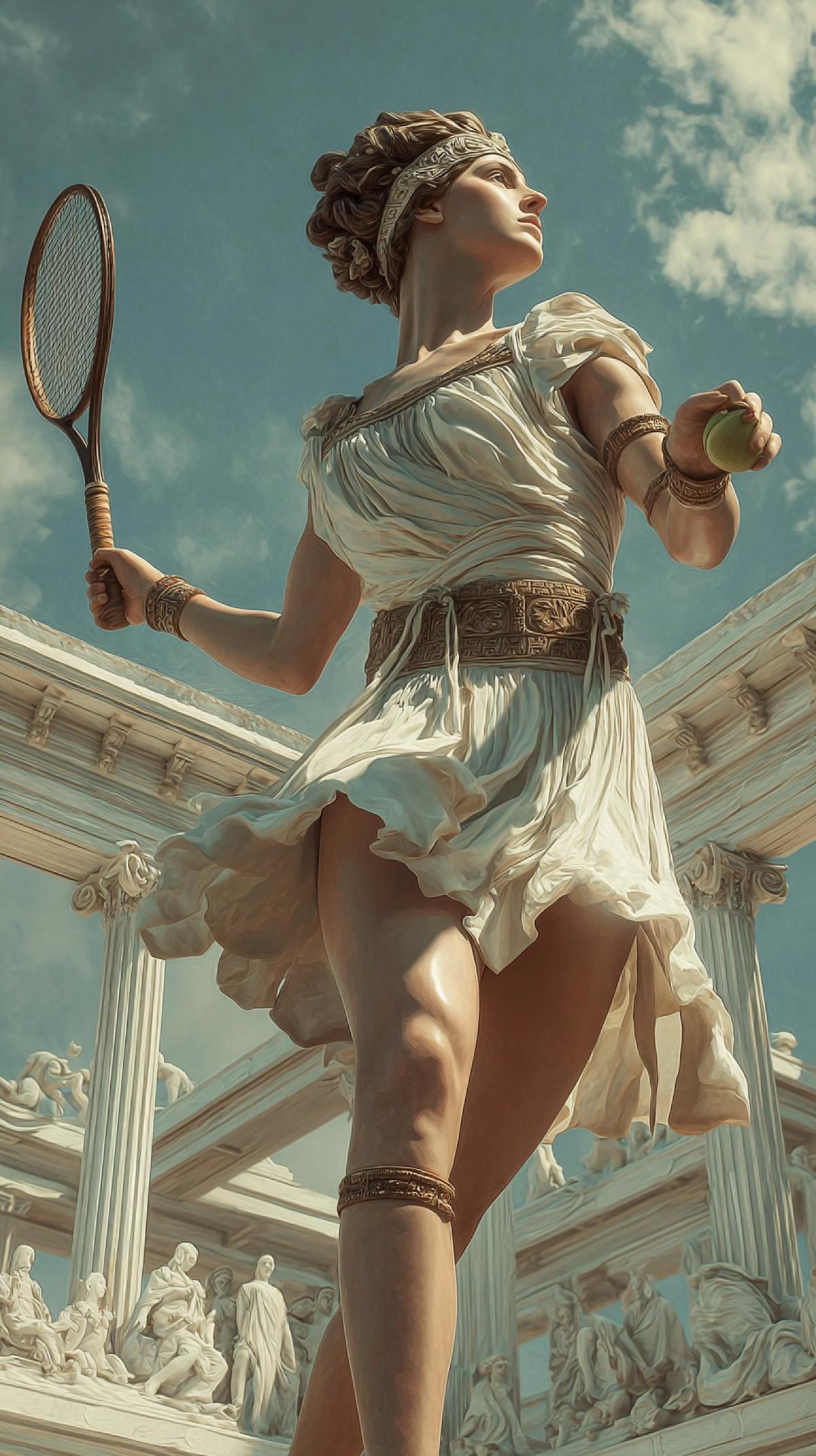 Greek Mythology on. the Tennis Court: A Clash of. Gods and Sports. Immerse yourself in a world where ancient Greek. mythology meets the modern. tennis court! This image combines the timeless elegance of. Greek art and architecture with the dynamic energy of modern tennis.