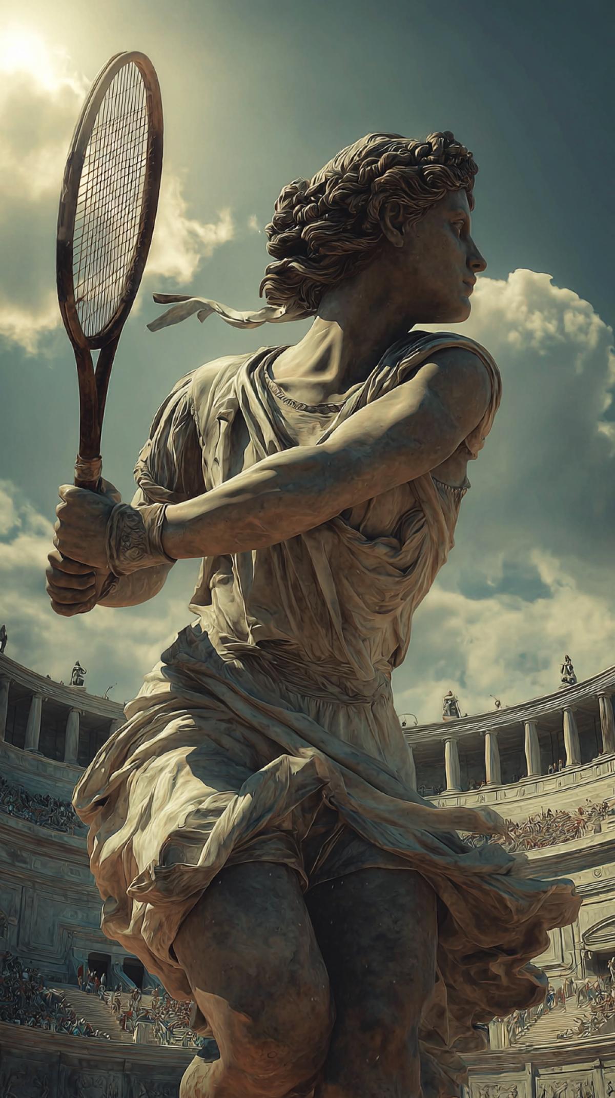 Greek Mythology on. the Tennis Court: A Clash of. Gods and Sports. Immerse yourself in a world where ancient Greek. mythology meets the modern. tennis court! This image combines the timeless elegance of. Greek art and architecture with the dynamic energy of modern tennis.