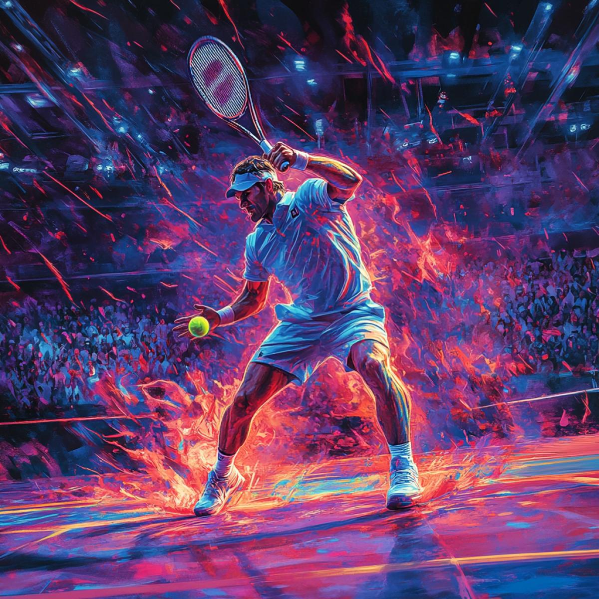 The man plays tennis and in the frame he epic repulses the tennis ball, against the background of the jubilant crowd admires and applauds, the arena burns in neon color and ultramodern design
