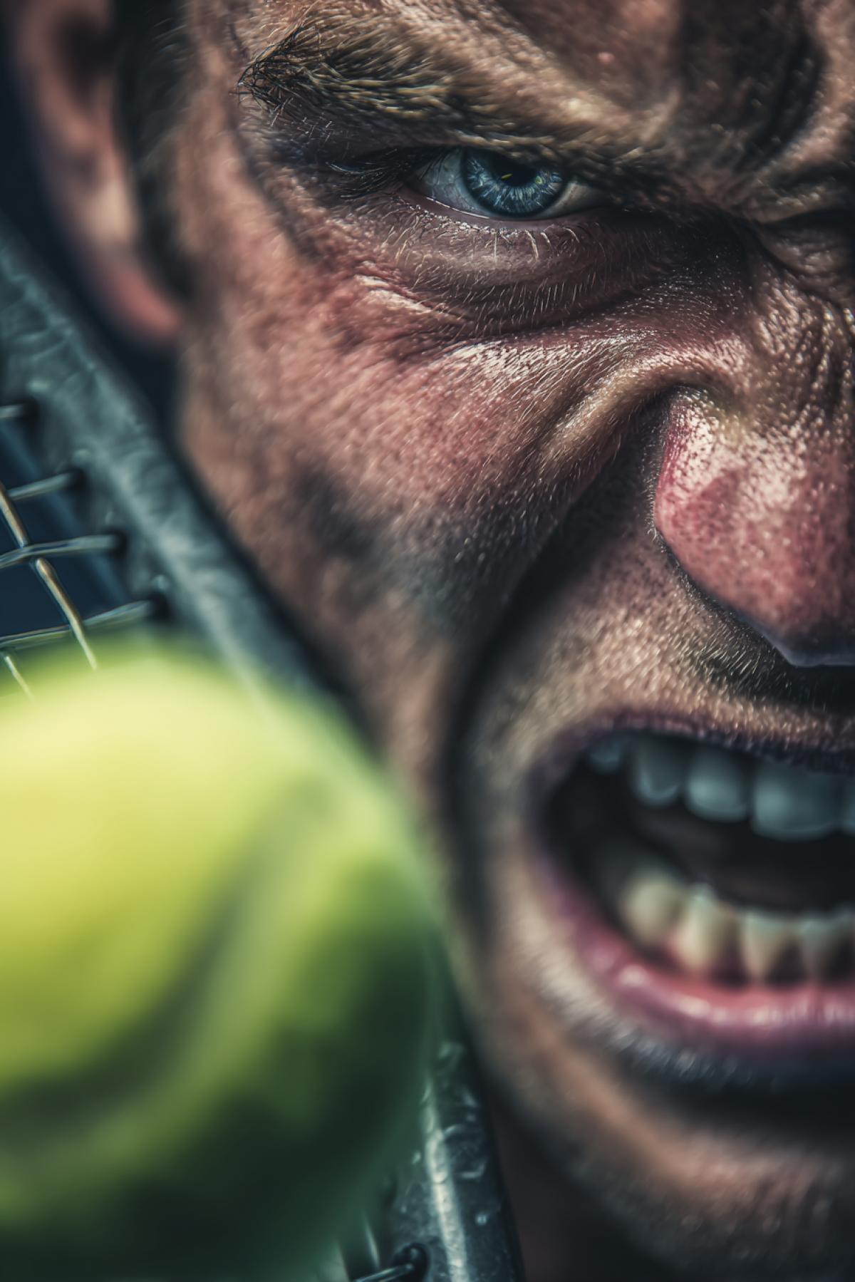 A hard blow on a tennis ball of a racket, a face in an athlete in tension with a grin of a big, dynamics, ball speed