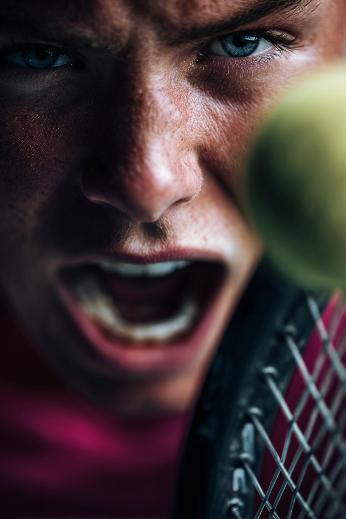 A hard blow on a tennis ball with a racket, face in an athlete in tension of the speaker, the speed of the ball