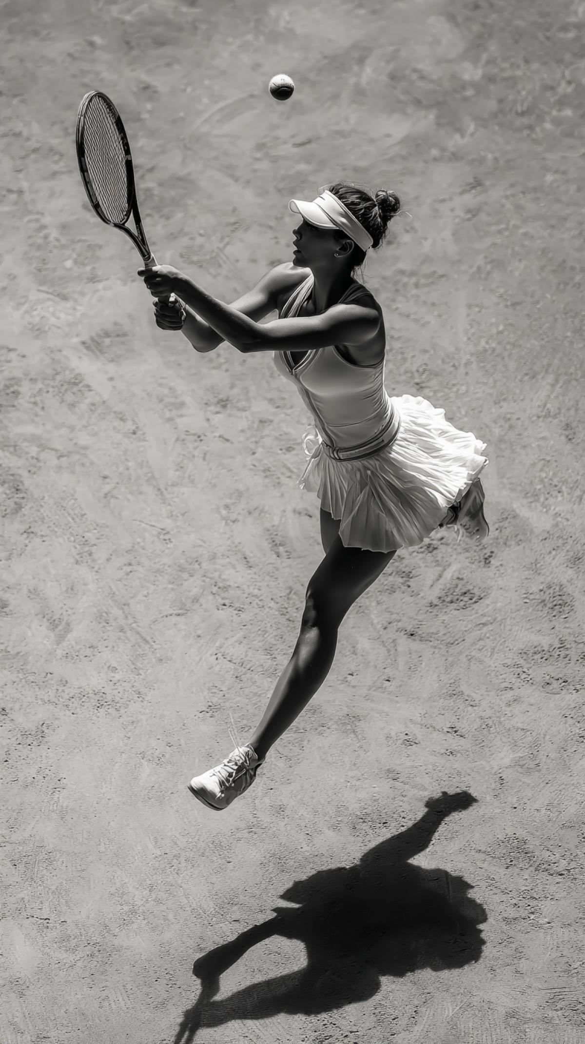 Create an image that captures the moment of an active tennis draw a feed, a jump for a ball or a climax, a very beautiful, graceful and spectacular girl