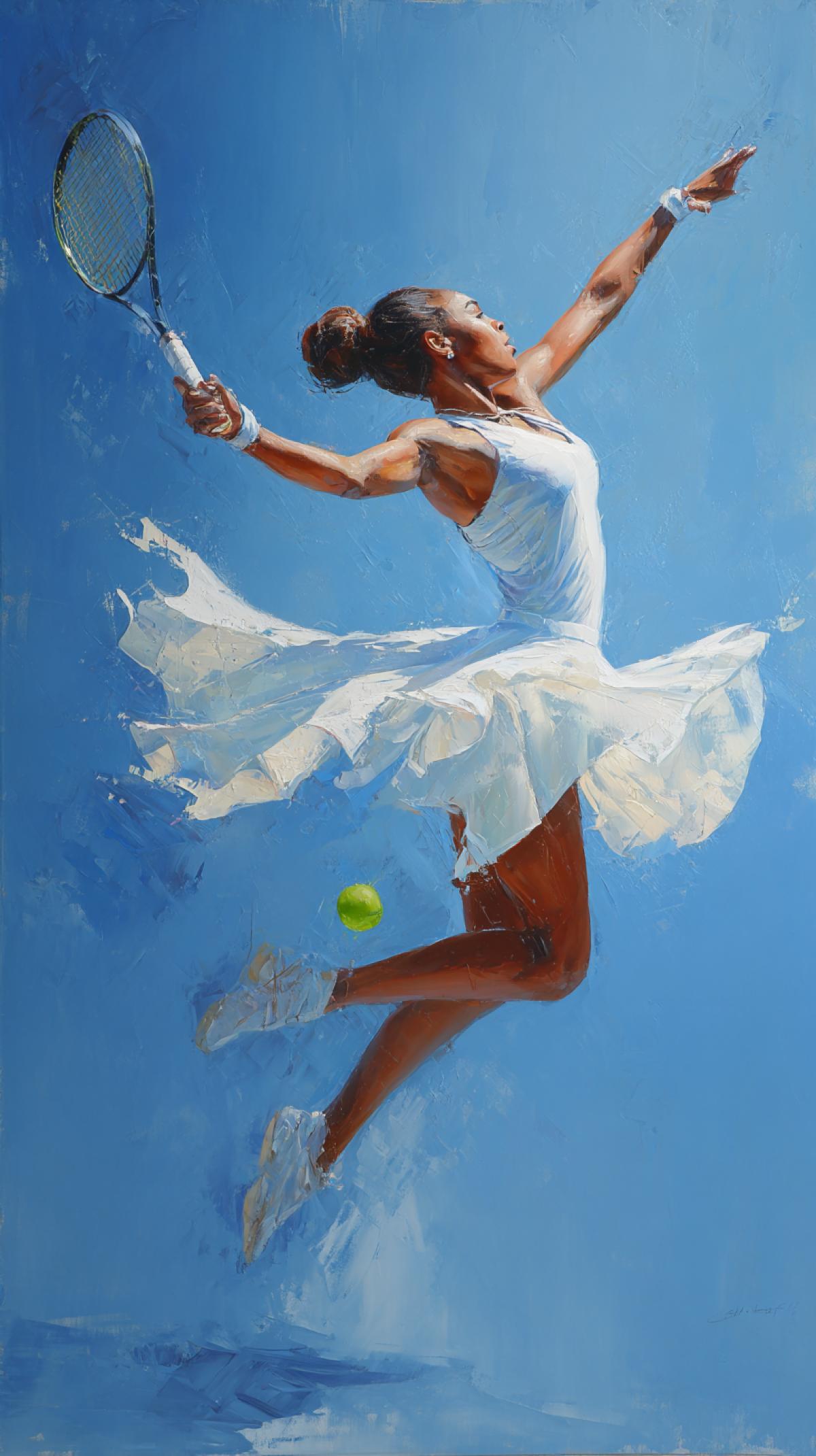 Create an image that captures the moment of an active tennis draw a feed, a jump for a ball or a climax, a very beautiful, graceful and spectacular girl