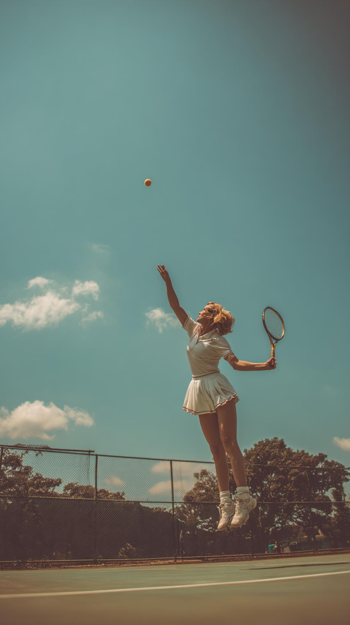 The image, which captures the moment of the game of tennis, the girl gives the ball, a jump for the ball or a , a very beautiful, graceful and spectacular girl, a closeup
