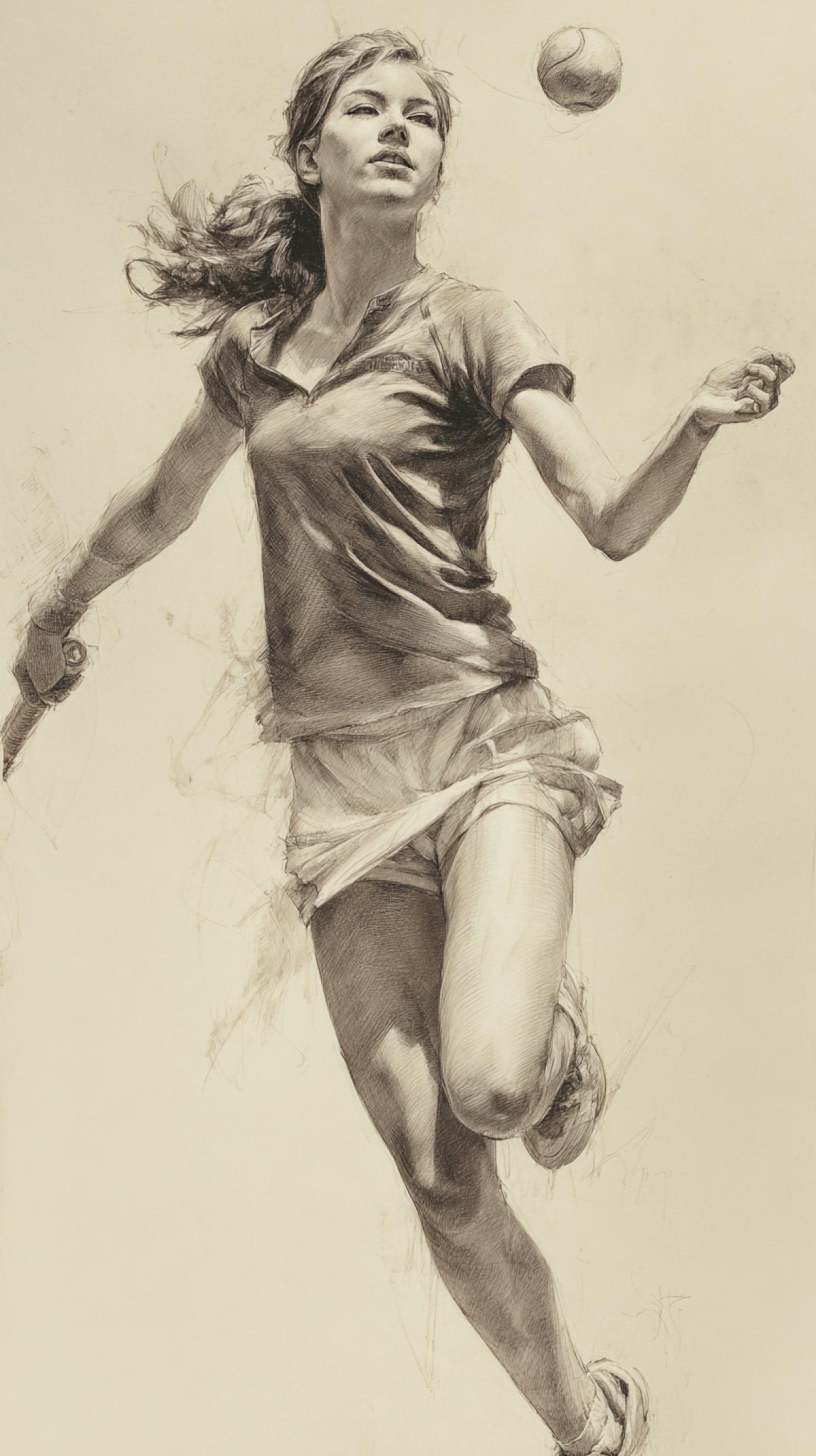 The image, which captures the moment of active drawing in tennis, the girl gives the ball, a jump for the ball or a climax, a very beautiful, graceful and spectacular girl, a closeup