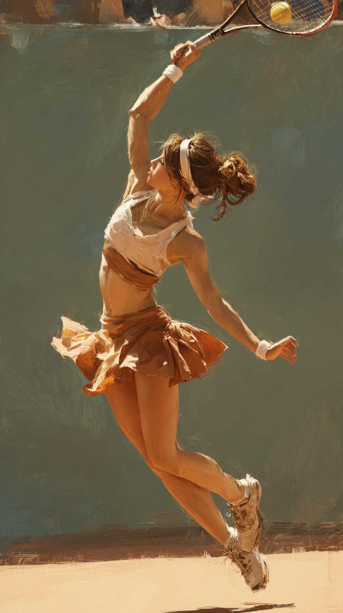 The image, which captures the moment of active drawing in tennis, the girl gives the ball, a jump for the ball or a climax, a very beautiful, graceful and spectacular girl, a closeup