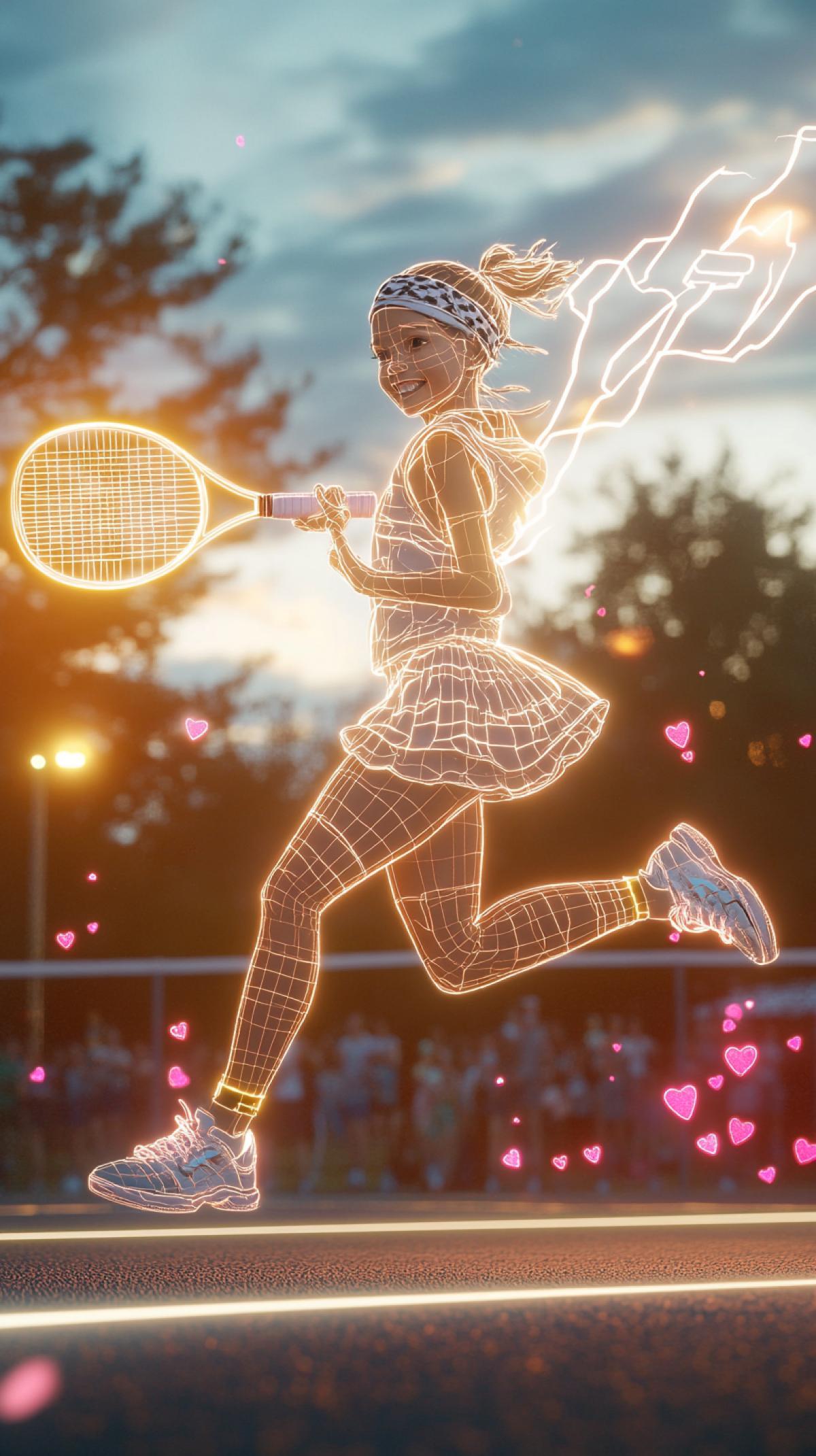 A realistic blurry photo of a busy sports court during golden hour. In the foreground is a glowing neon outline of a joyful young tennis player jumping, swinging a rocket launcher at a tennis ball. She is outlined in thick glowing white lines, wearing a tennis skirt with a bandana headband, her outfit decorated with schematic lightning bolts and stars. Her shoes glow as she bounces with one leg raised. Pink hearts and glitter in a graffiti style trail behind her, as if following moving lines. ar 9:16stylize 150