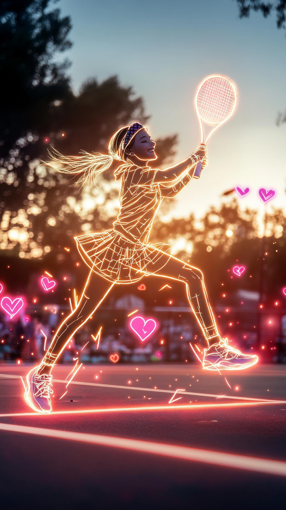 A realistic blurry photo of a busy sports court during golden hour. In the foreground is a glowing neon outline of a joyful young tennis player jumping, swinging a rocket launcher at a tennis ball. She is outlined in thick glowing white lines, wearing a tennis skirt with a bandana headband, her outfit decorated with schematic lightning bolts and stars. Her shoes glow as she bounces with one leg raised. Pink hearts and glitter in a graffiti style trail behind her, as if following moving lines. ar 9:16stylize 150