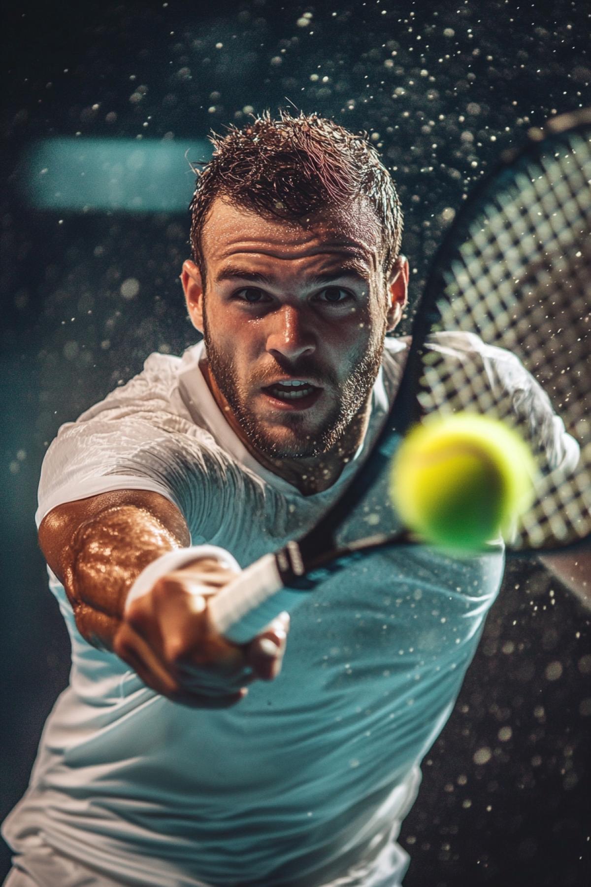 The tennis player at the World Cup is fighting off the victorious ball