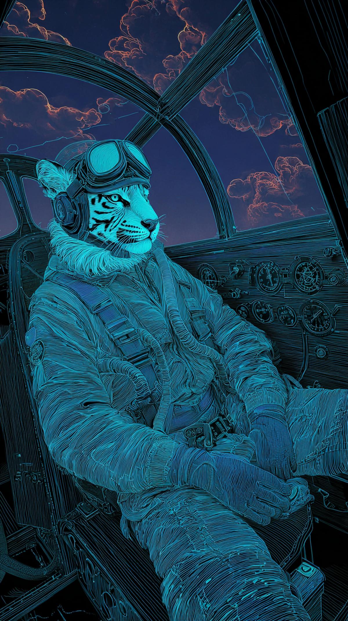 An unusual pilot of the aircraft that controls the aircraft, it can be any animal for example a tiger, a lion, a cat, a snake. He sits in a halfturn and looks at the porthole. All in neon color, clouds are visible