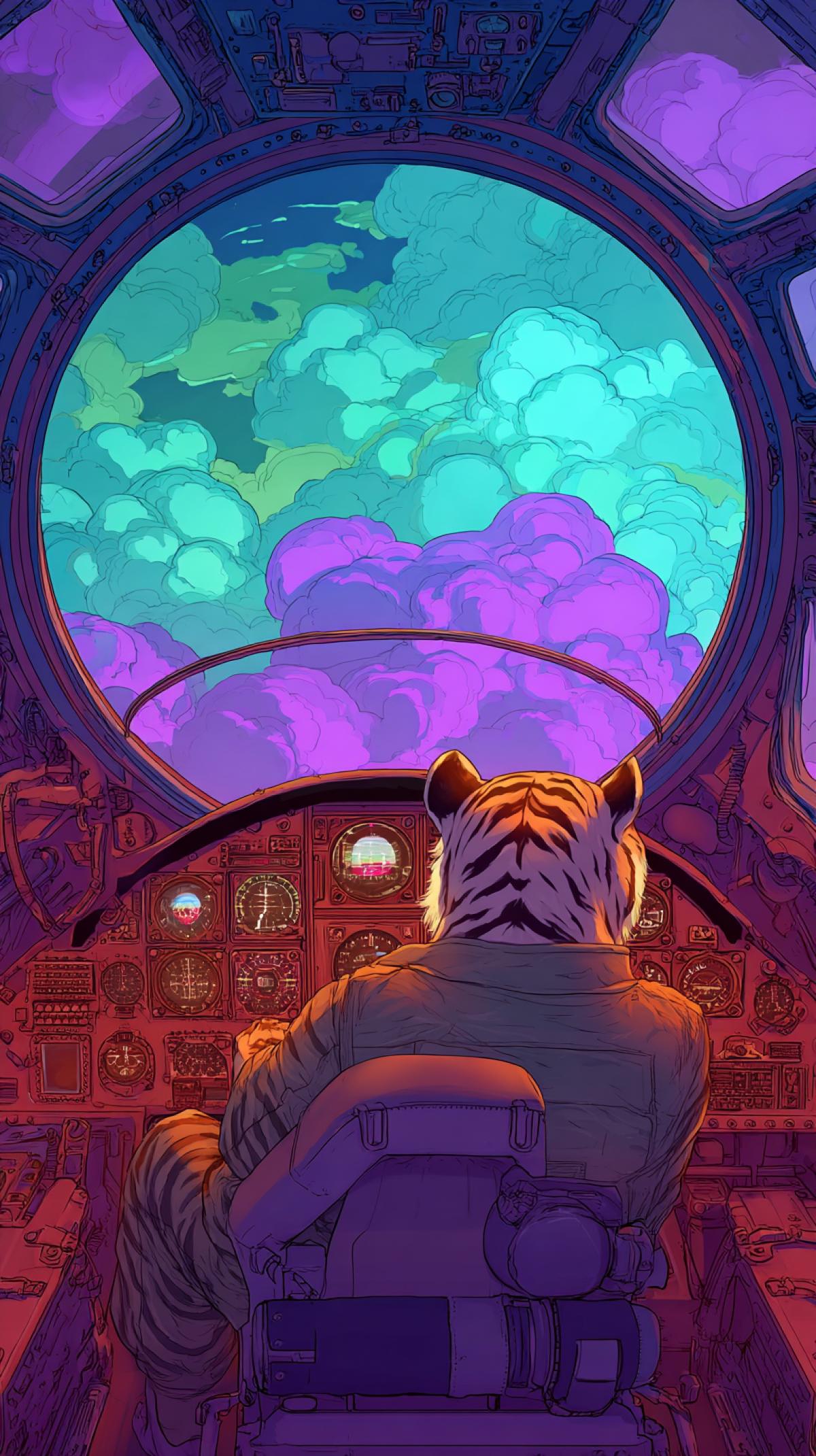 An unusual pilot of the aircraft that controls the aircraft, it can be any animal for example a tiger, a lion, a cat, a snake. He sits in a halfturn and looks at the porthole. All in neon color, clouds are visible